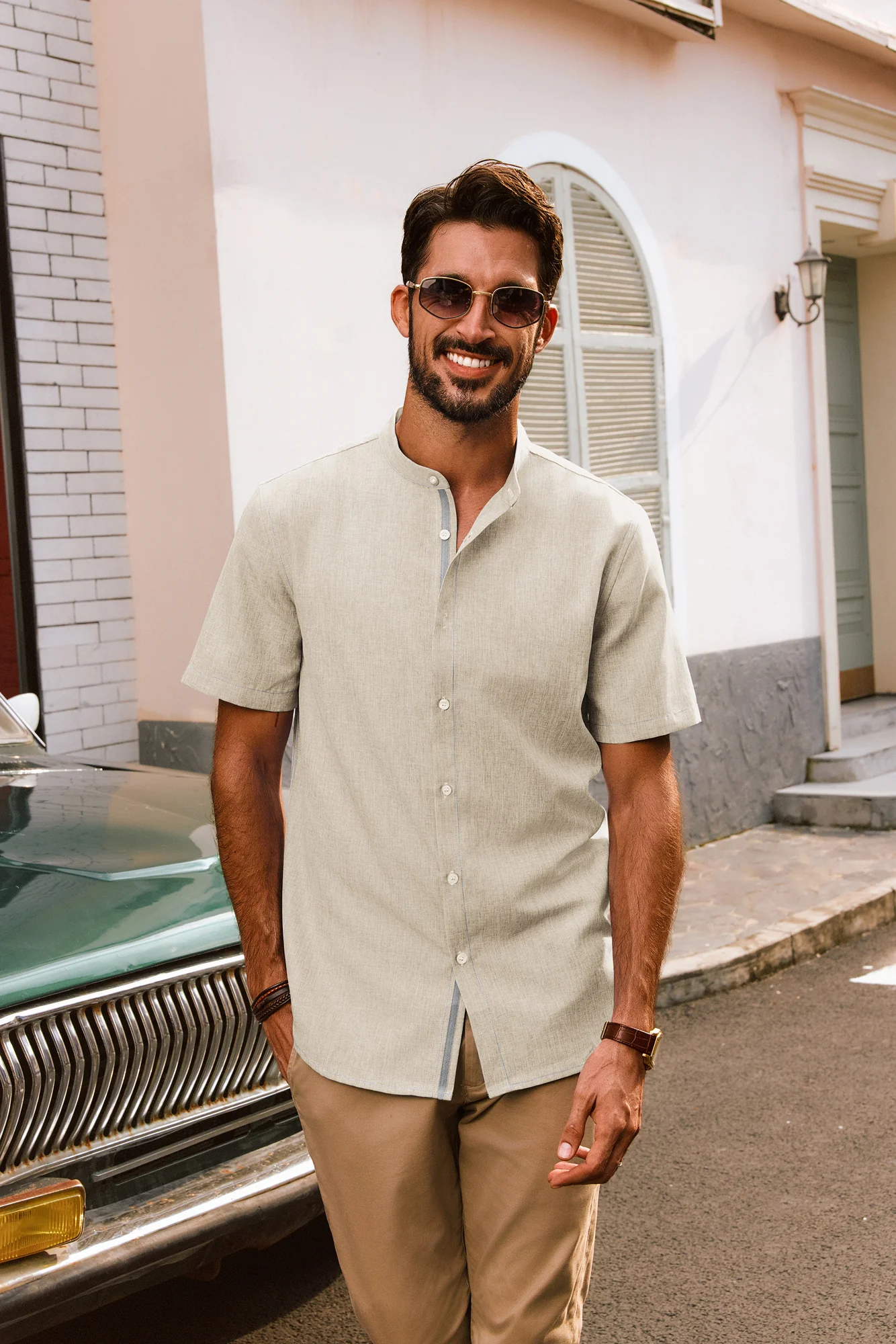Men Stand Collar Shirt Casual Short Sleeve Curved Hem Button-up Tops - Image 20