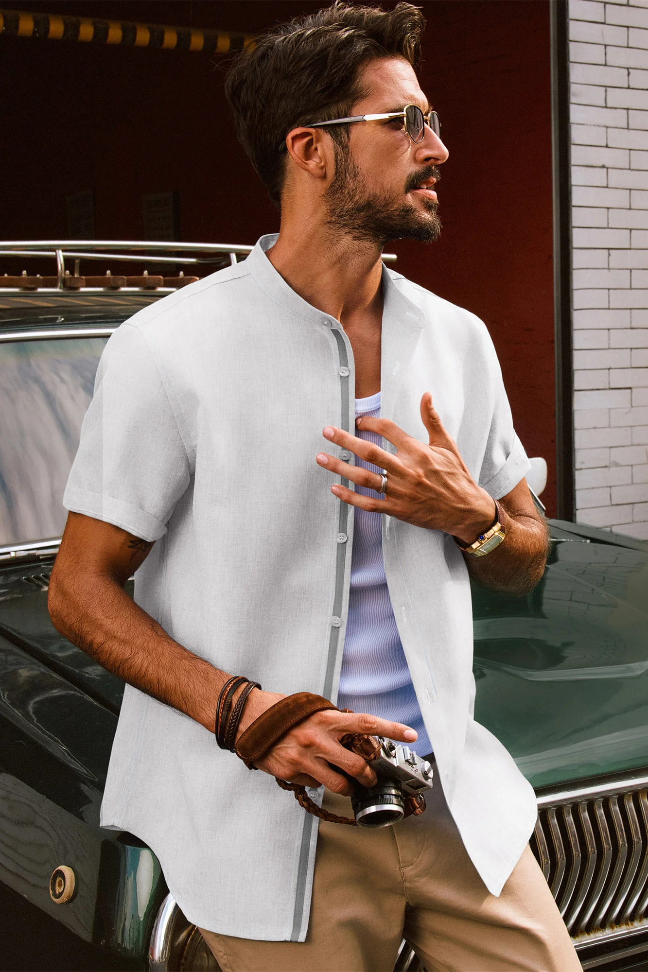Men Stand Collar Shirt Casual Short Sleeve Curved Hem Button-up Tops - Image 21