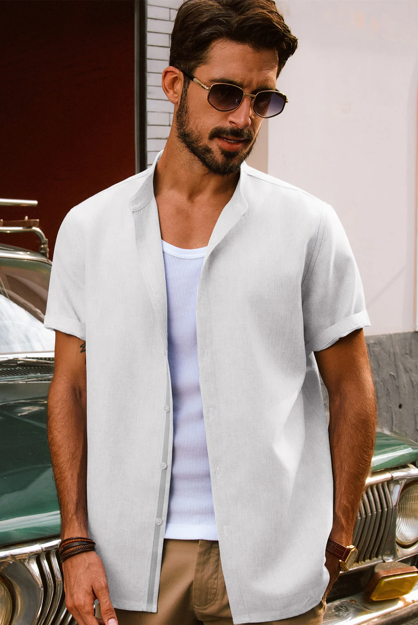 Men Stand Collar Shirt Casual Short Sleeve Curved Hem Button-up Tops - Image 23