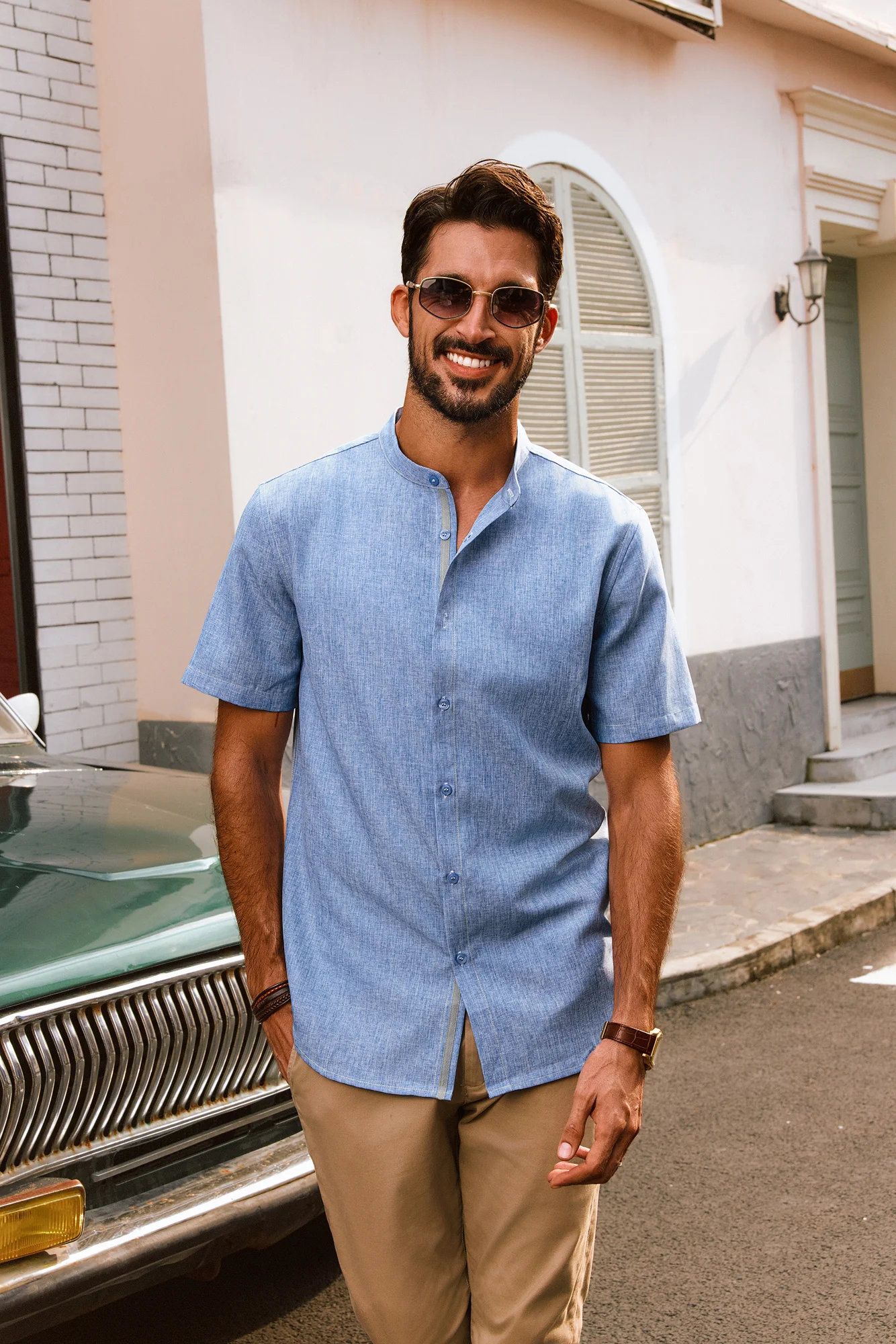 Men Stand Collar Shirt Casual Short Sleeve Curved Hem Button-up Tops - Image 28