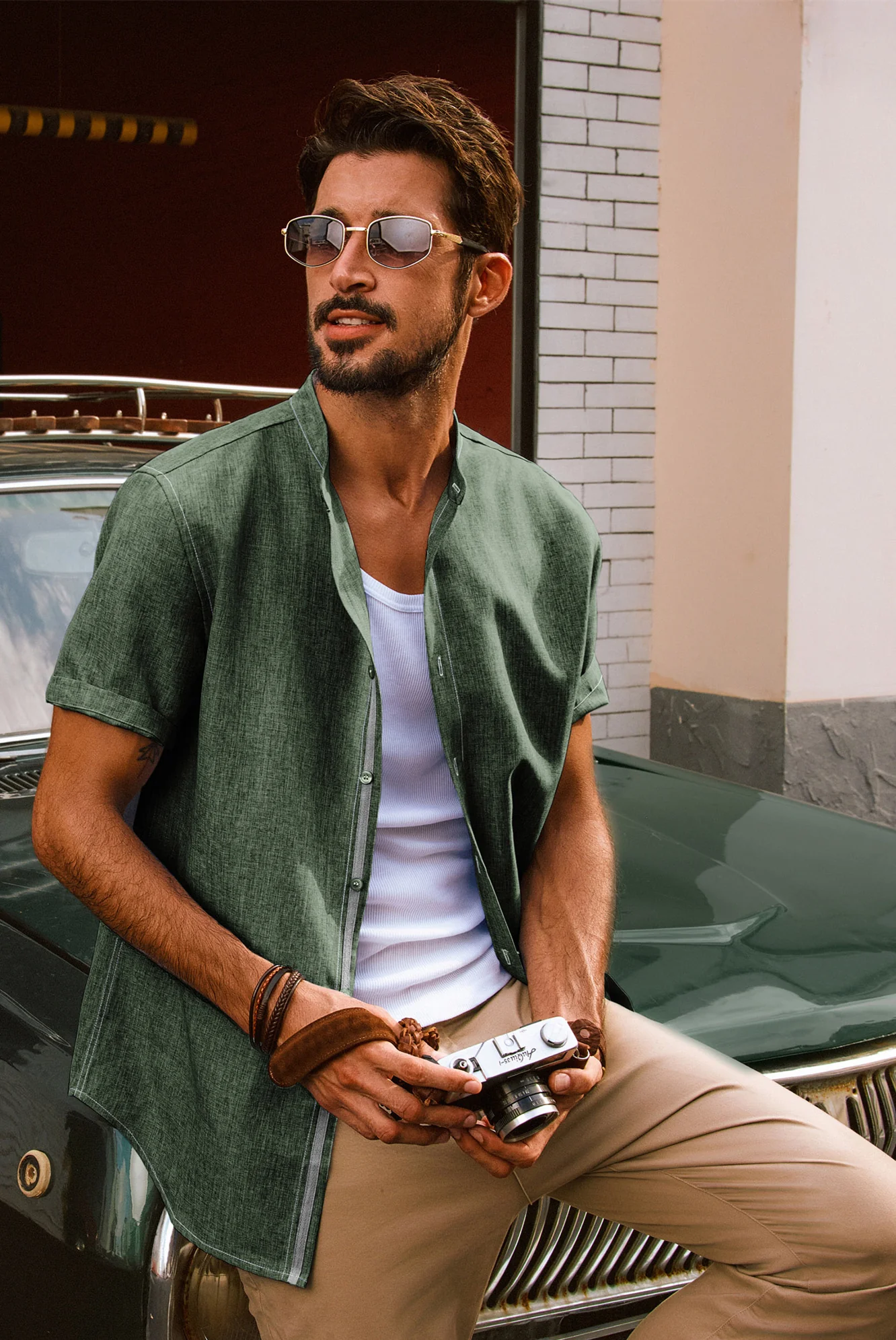 Men Stand Collar Shirt Casual Short Sleeve Curved Hem Button-up Tops - Image 30
