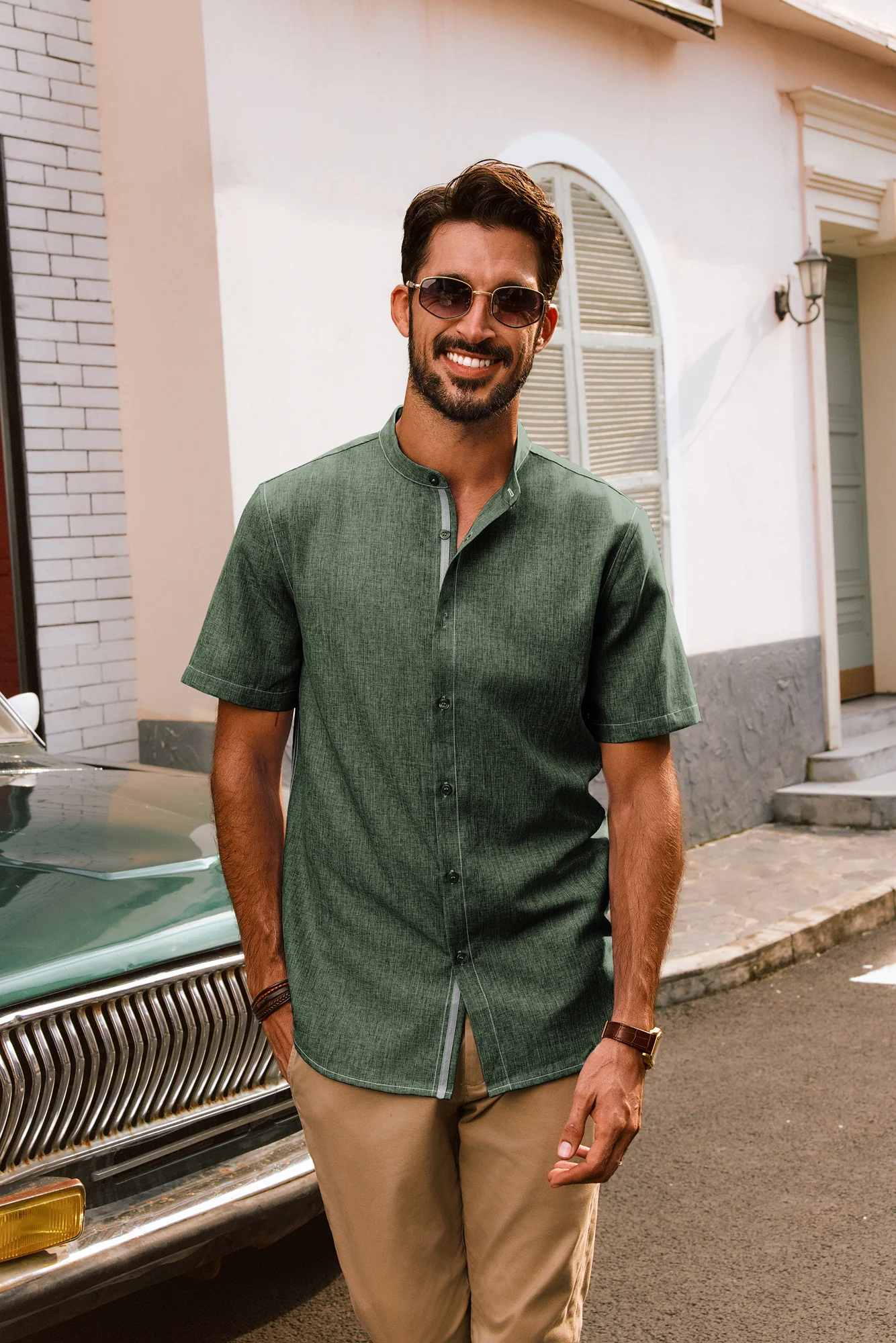 Men Stand Collar Shirt Casual Short Sleeve Curved Hem Button-up Tops - Image 32