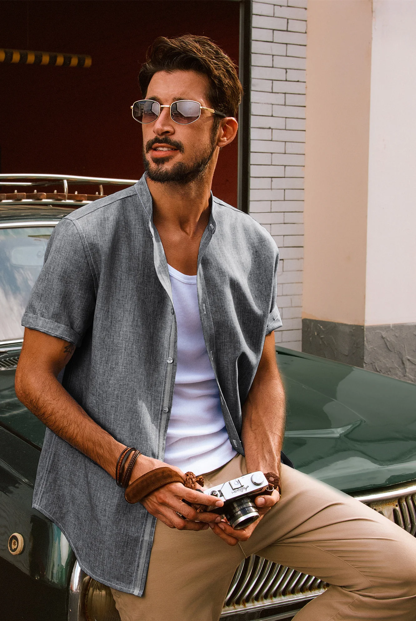 Men Stand Collar Shirt Casual Short Sleeve Curved Hem Button-up Tops - Image 34