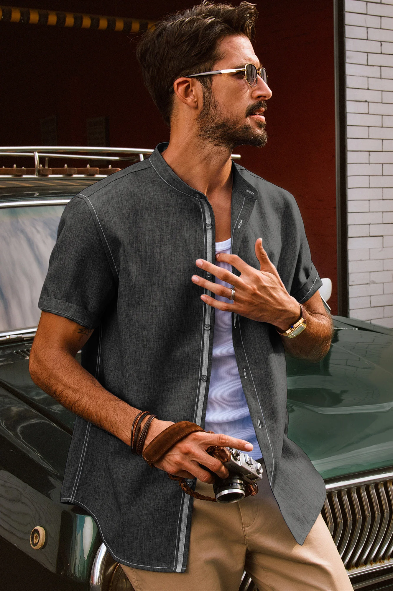 Men Stand Collar Shirt Casual Short Sleeve Curved Hem Button-up Tops - Image 37