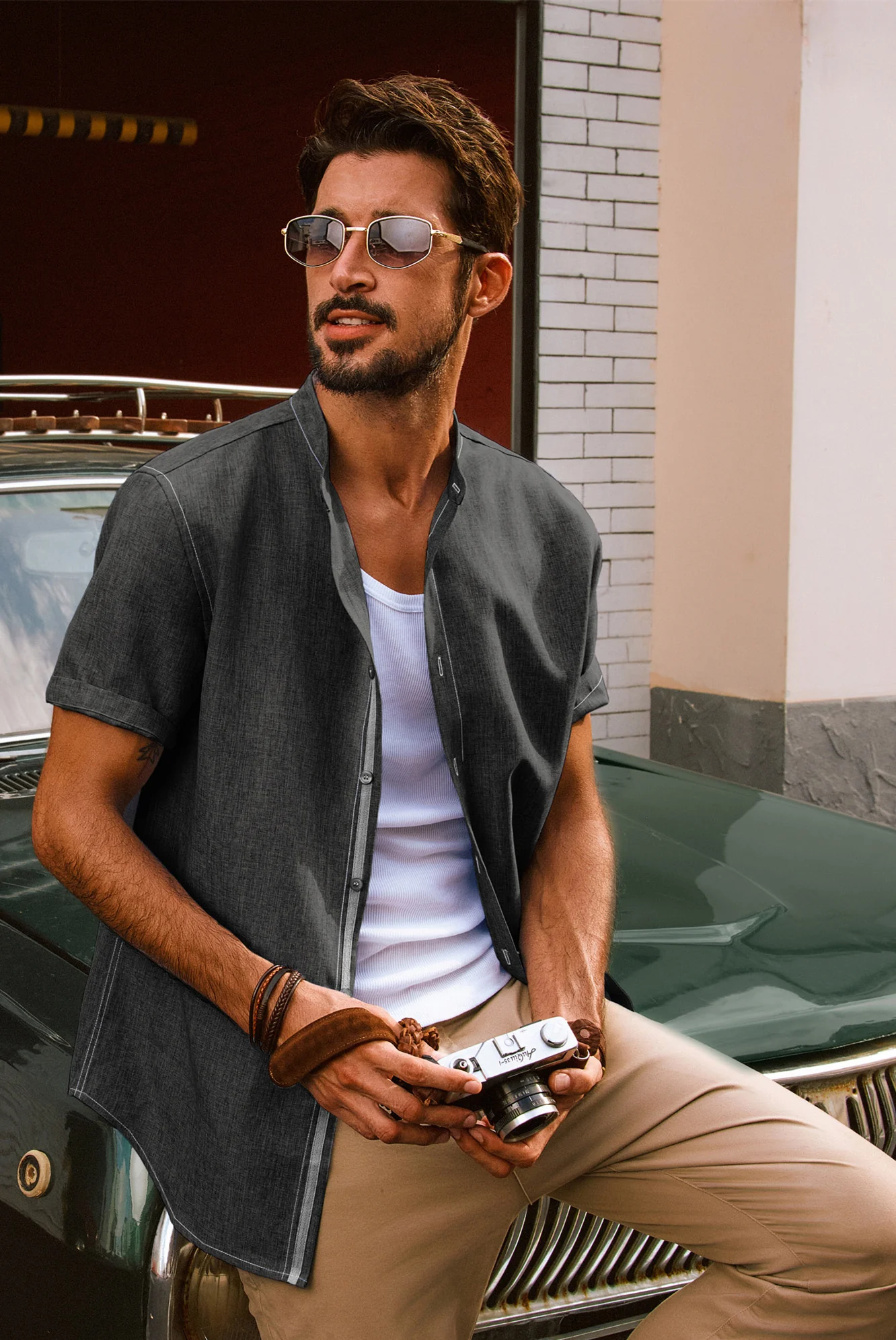 Men Stand Collar Shirt Casual Short Sleeve Curved Hem Button-up Tops - Image 38