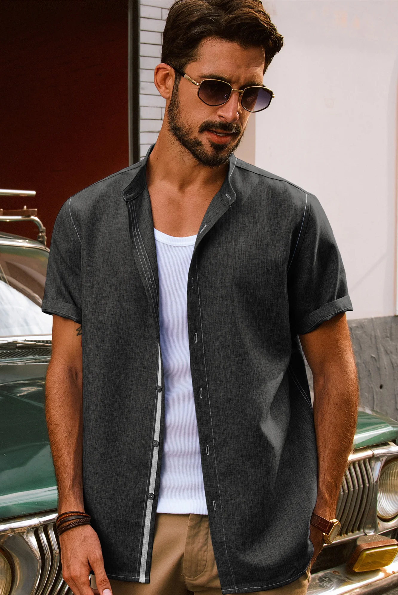 Men Stand Collar Shirt Casual Short Sleeve Curved Hem Button-up Tops - Image 39