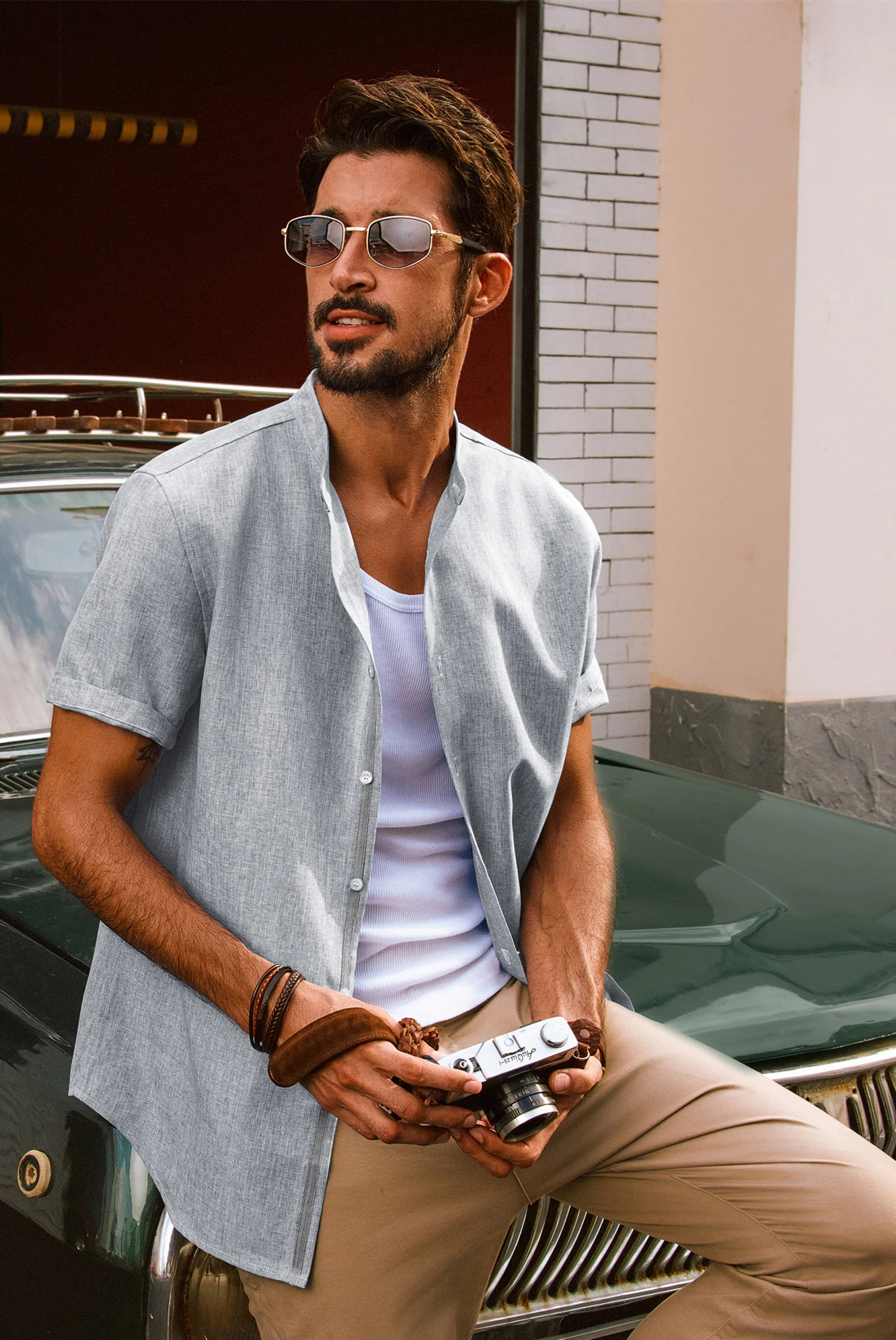 Men Stand Collar Shirt Casual Short Sleeve Curved Hem Button-up Tops - Image 42