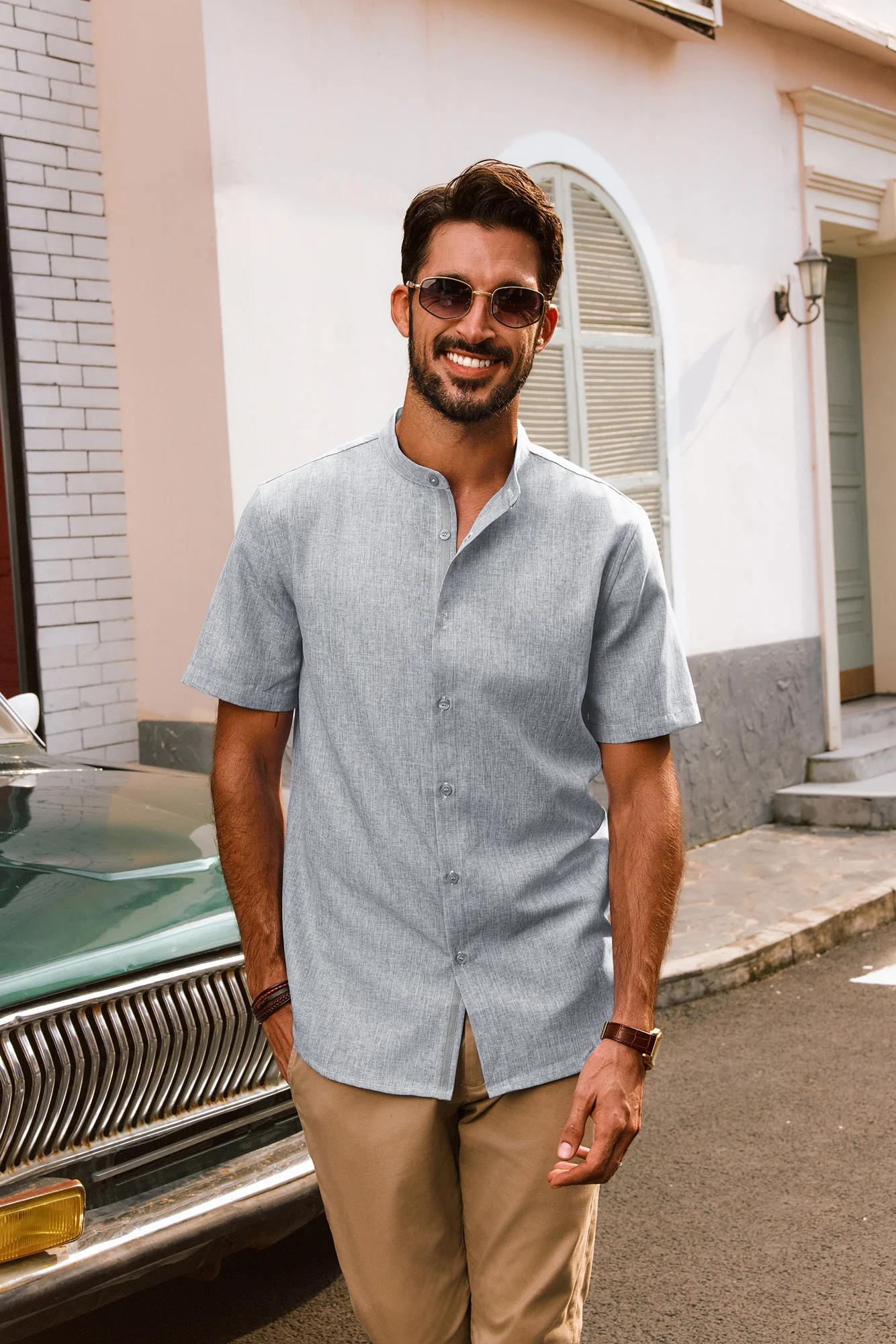 Men Stand Collar Shirt Casual Short Sleeve Curved Hem Button-up Tops - Image 44