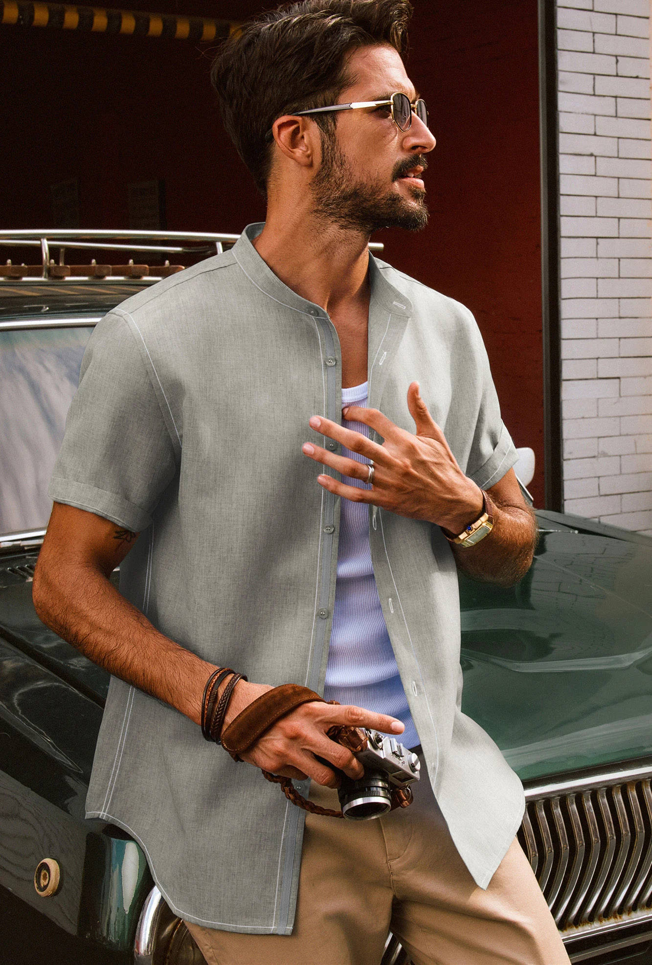 Men Stand Collar Shirt Casual Short Sleeve Curved Hem Button-up Tops - Image 45