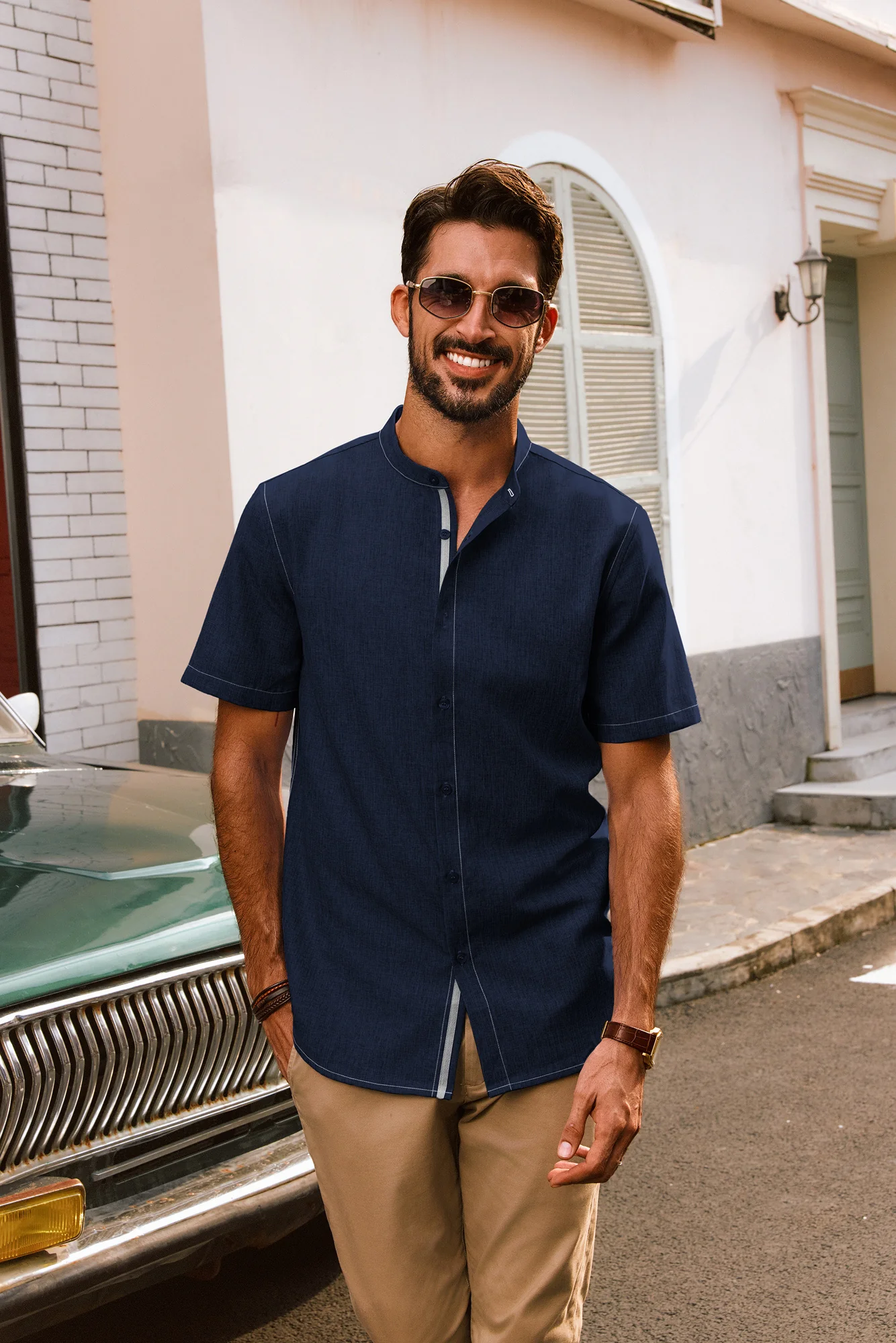 Men Stand Collar Shirt Casual Short Sleeve Curved Hem Button-up Tops - Image 8