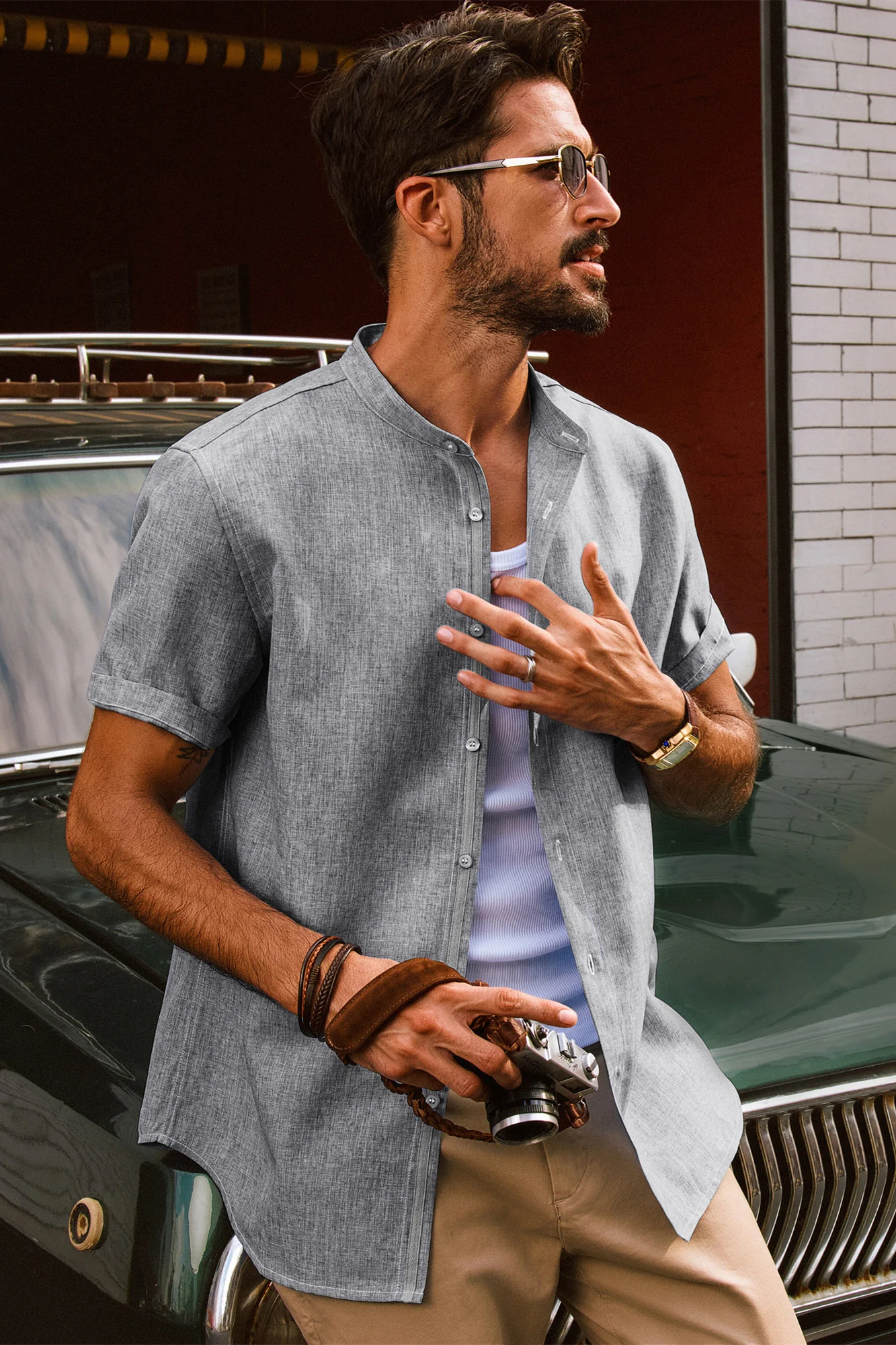 Men Stand Collar Shirt Casual Short Sleeve Curved Hem Button-up Tops - Image 9