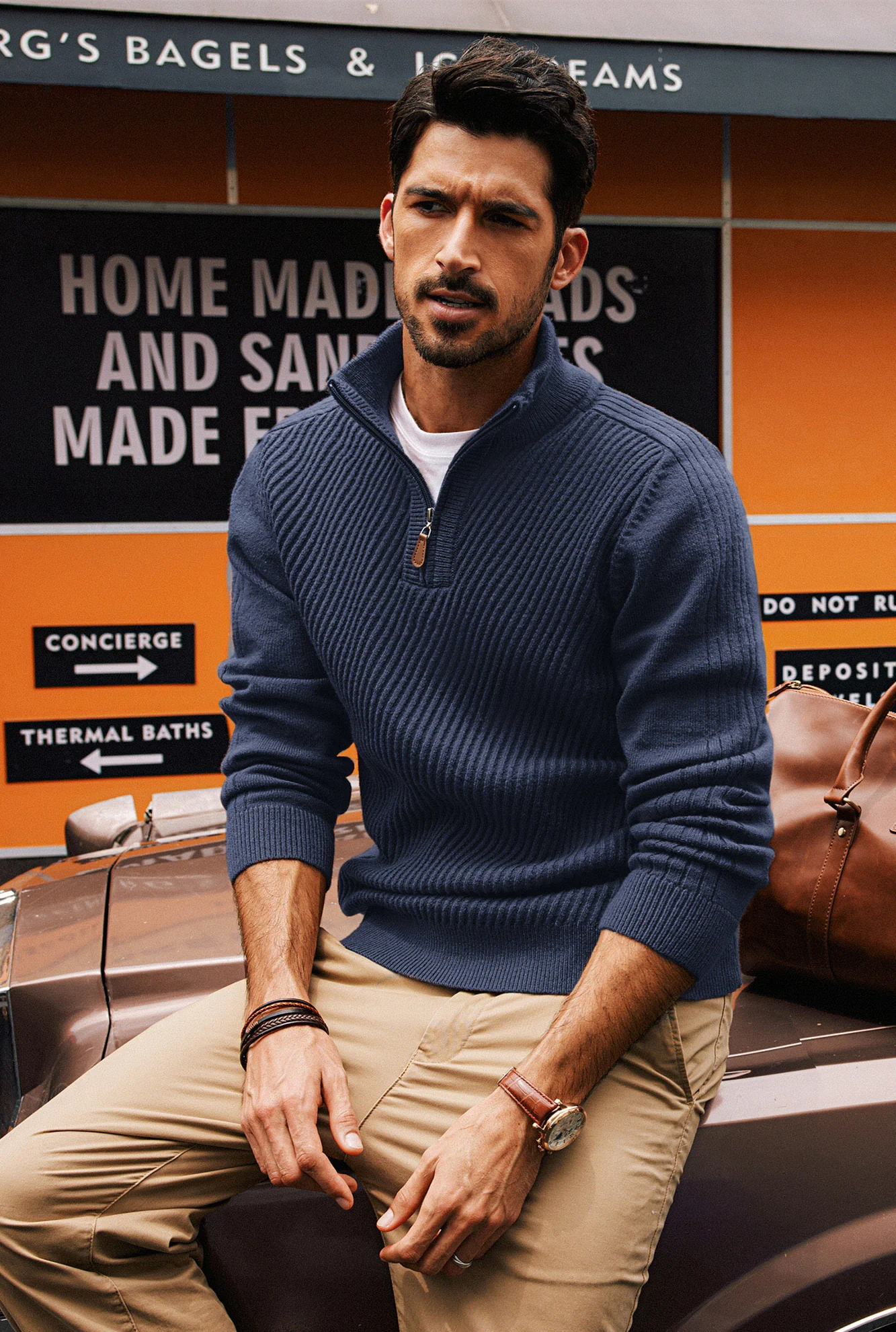 Men Stand Collar Sweater Long Sleeve Zip-up Neck Ribbed Cuff Pullover - Image 12