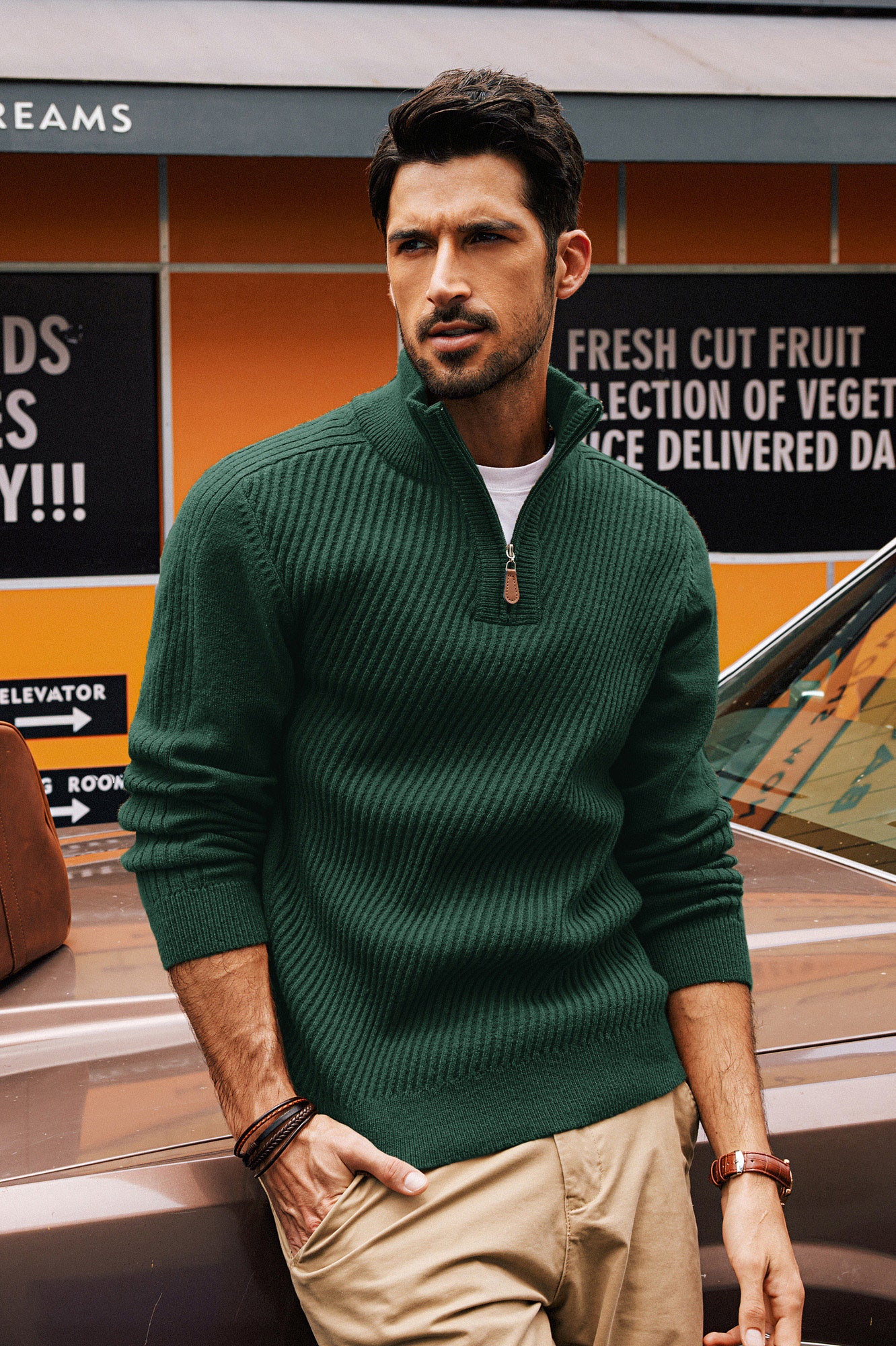 Men Stand Collar Sweater Long Sleeve Zip-up Neck Ribbed Cuff Pullover - Image 22