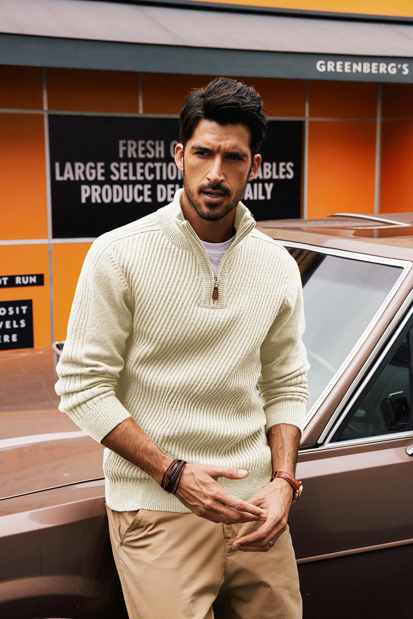 Men Stand Collar Sweater Long Sleeve Zip-up Neck Ribbed Cuff Pullover - Image 28