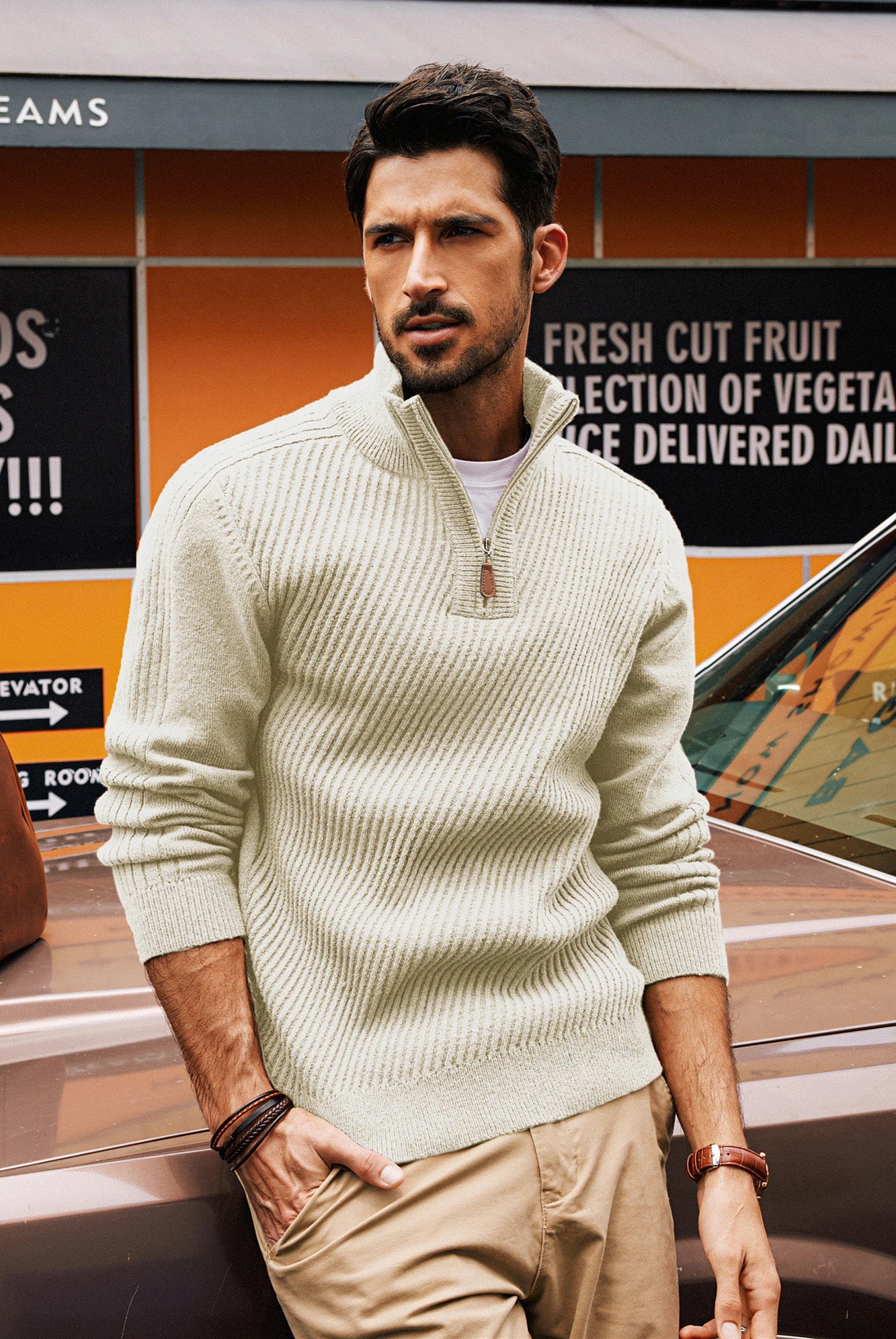Men Stand Collar Sweater Long Sleeve Zip-up Neck Ribbed Cuff Pullover - Image 29