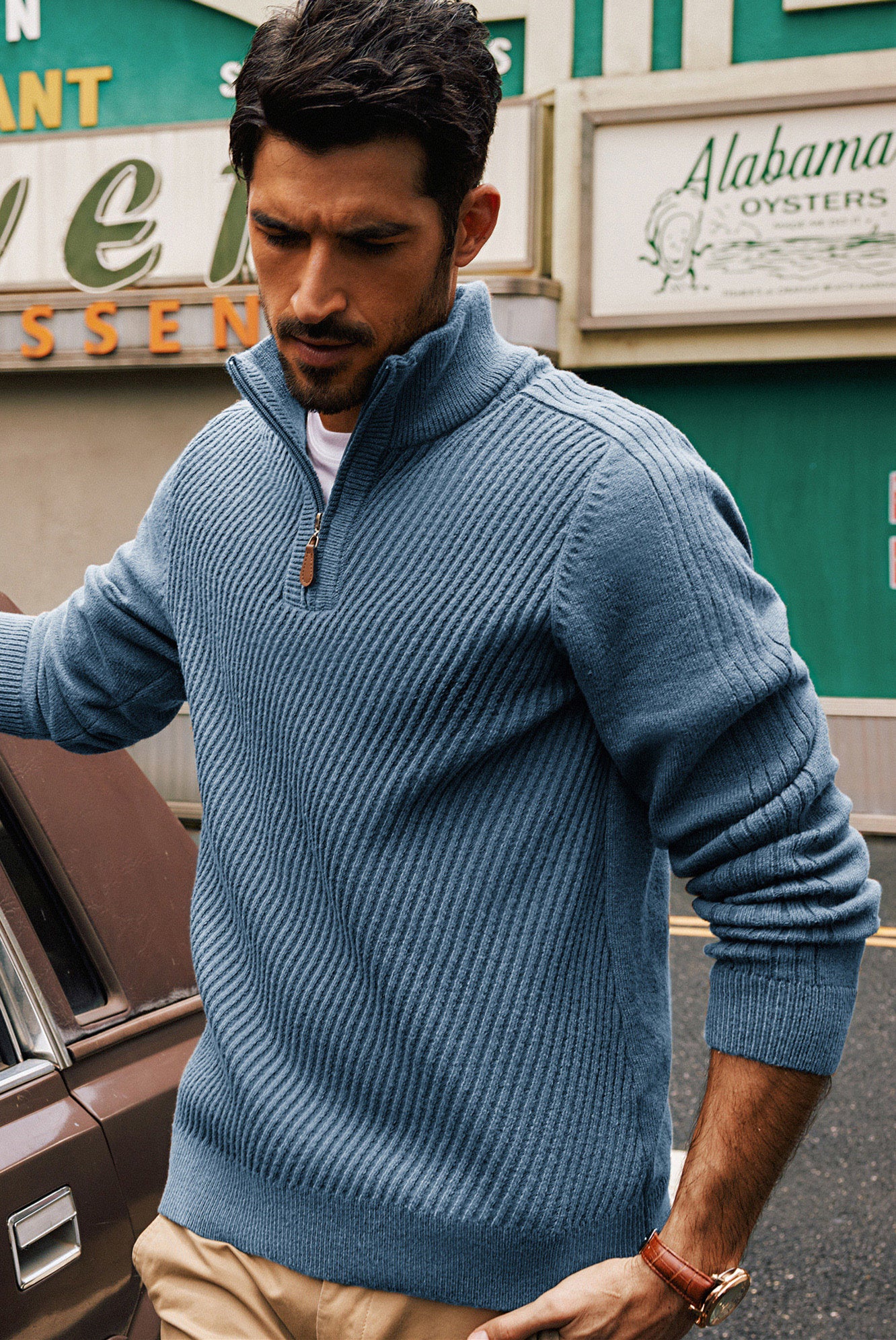 Men Stand Collar Sweater Long Sleeve Zip-up Neck Ribbed Cuff Pullover - Image 54