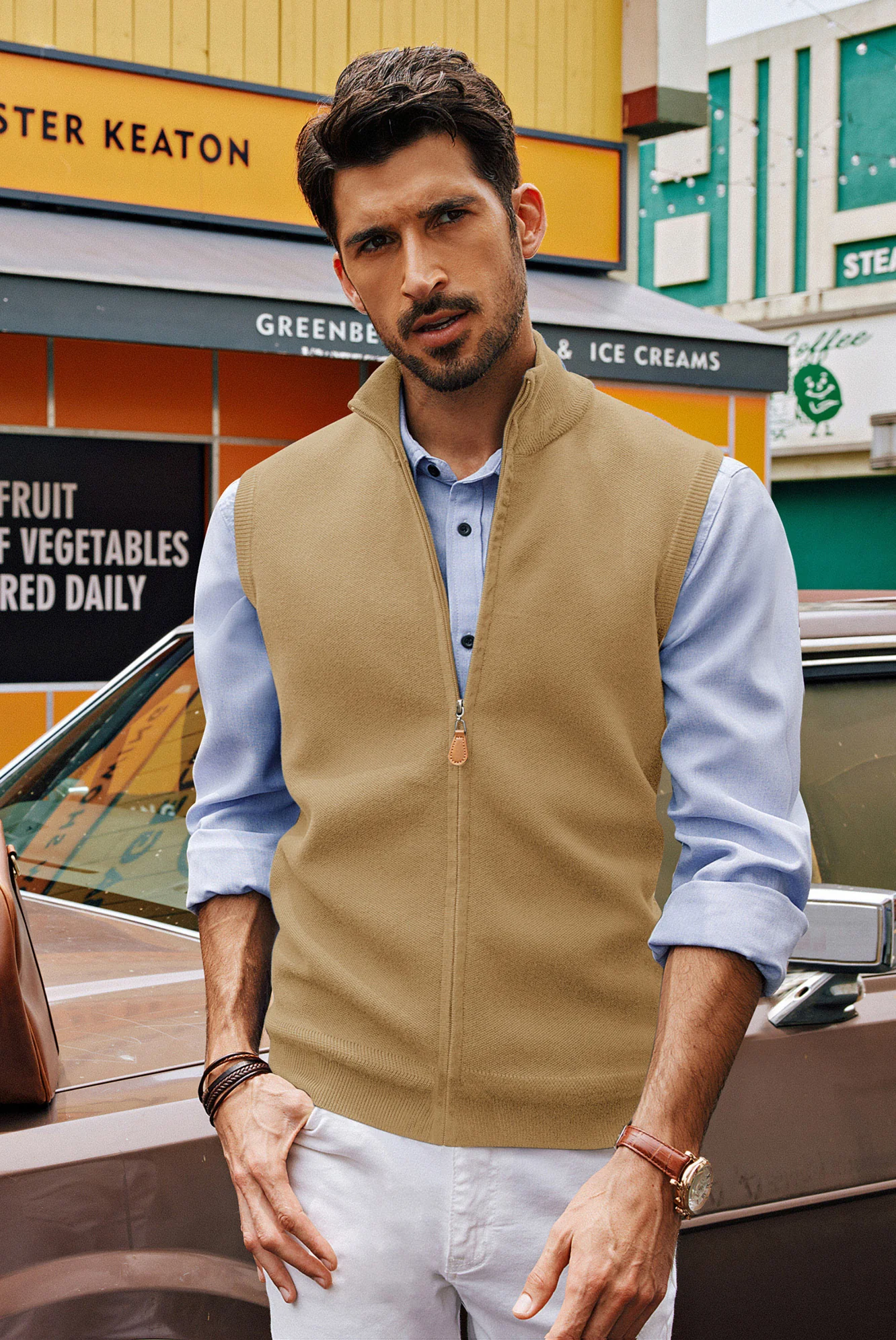 Men Stand Collar Sweater Vest Zip-up Ribbed Cuff Sleeveless Sweater - Image 2