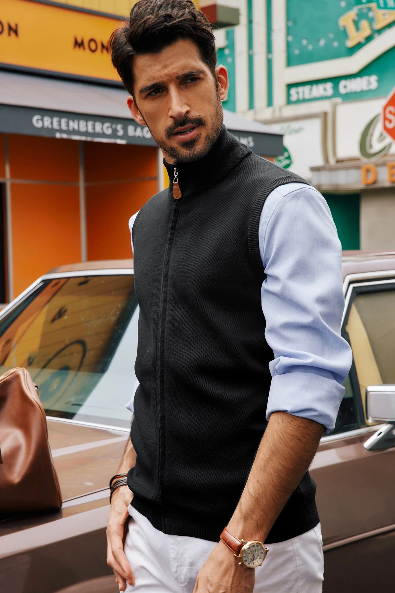 Men Stand Collar Sweater Vest Zip-up Ribbed Cuff Sleeveless Sweater - Image 6