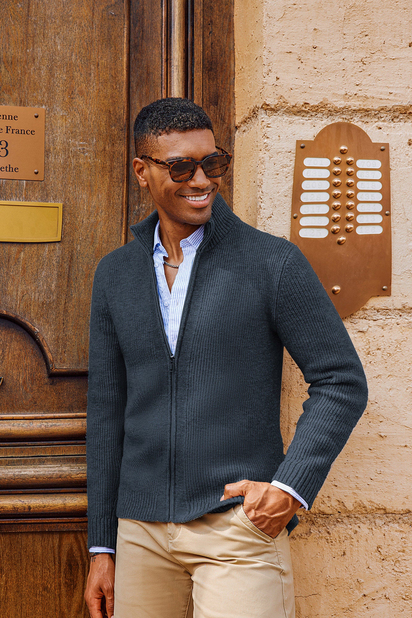 Men Stand Collar Textured Cardigan Long Sleeve Zip-up Sweater Knitwear - Image 15