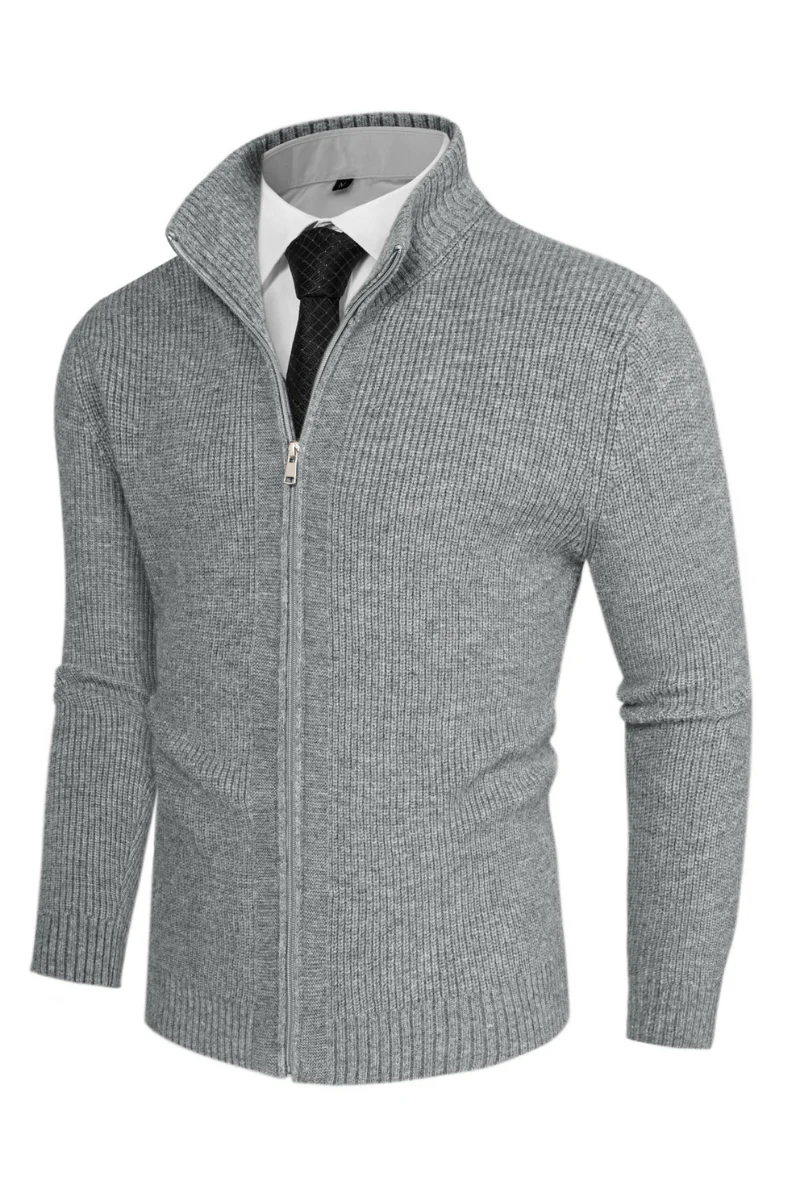 Men Stand Collar Textured Cardigan Long Sleeve Zip-up Sweater Knitwear - Image 16