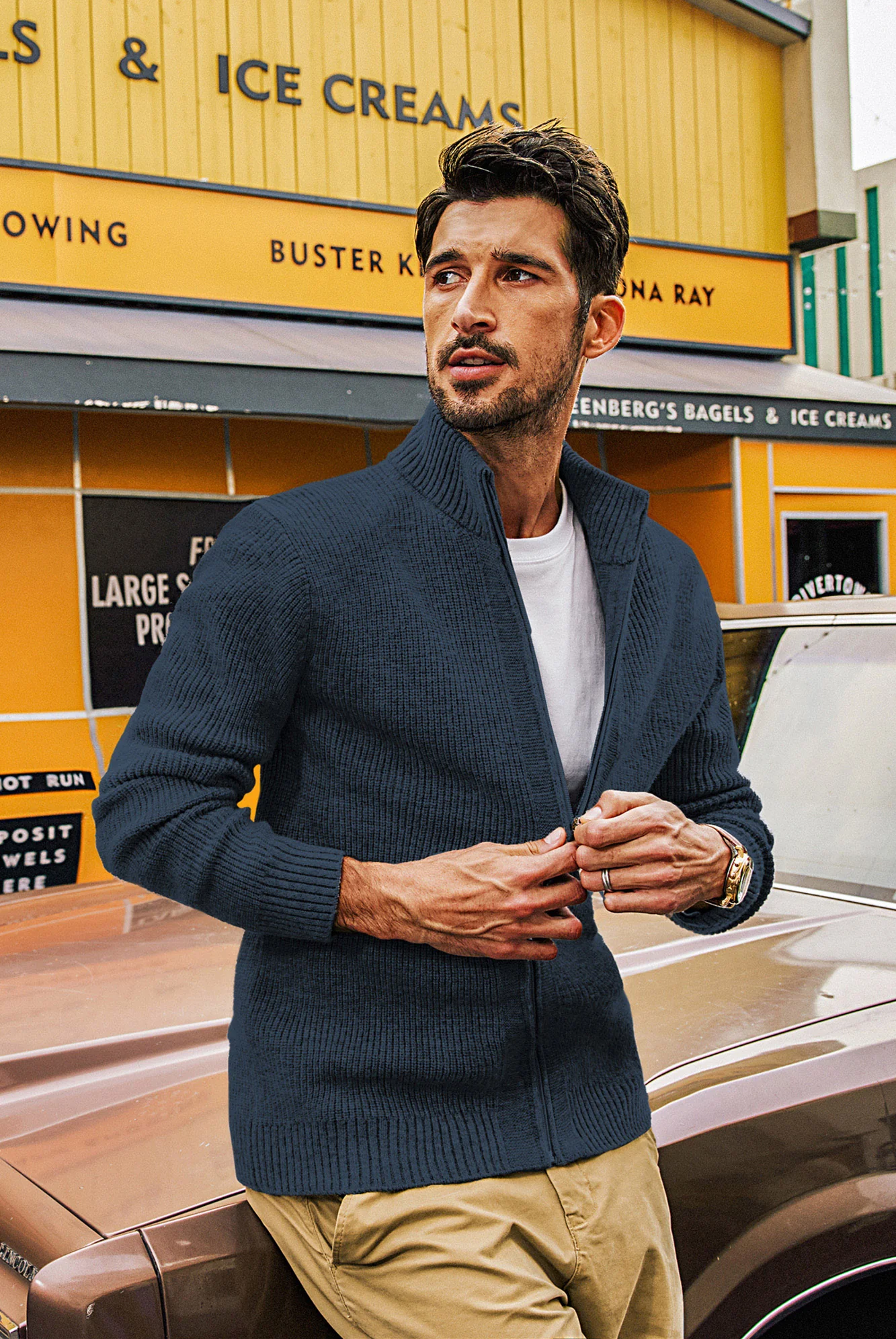 Men Stand Collar Textured Cardigan Long Sleeve Zip-up Sweater Knitwear - Image 25