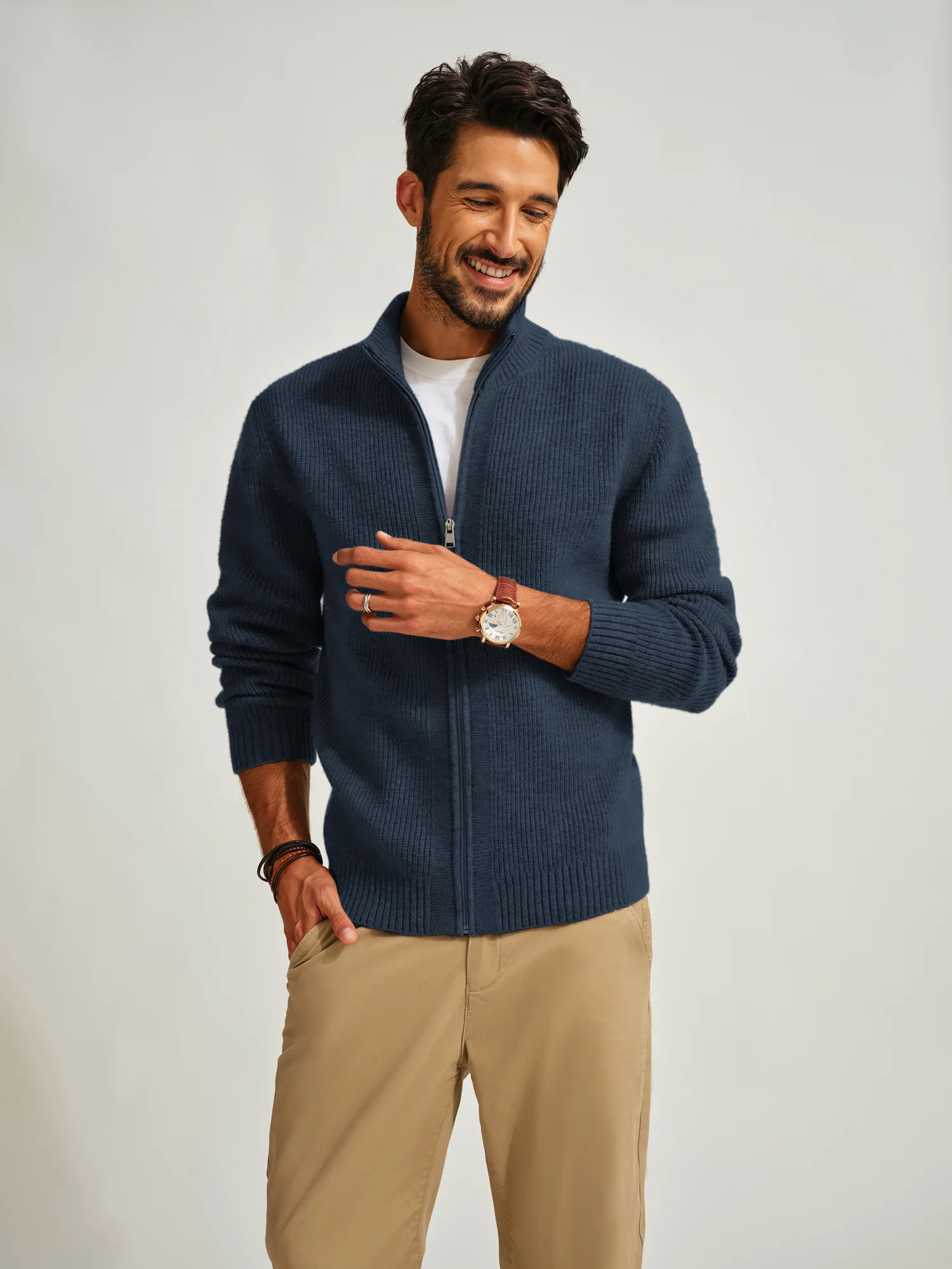 Men Stand Collar Textured Cardigan Long Sleeve Zip-up Sweater Knitwear - Image 28