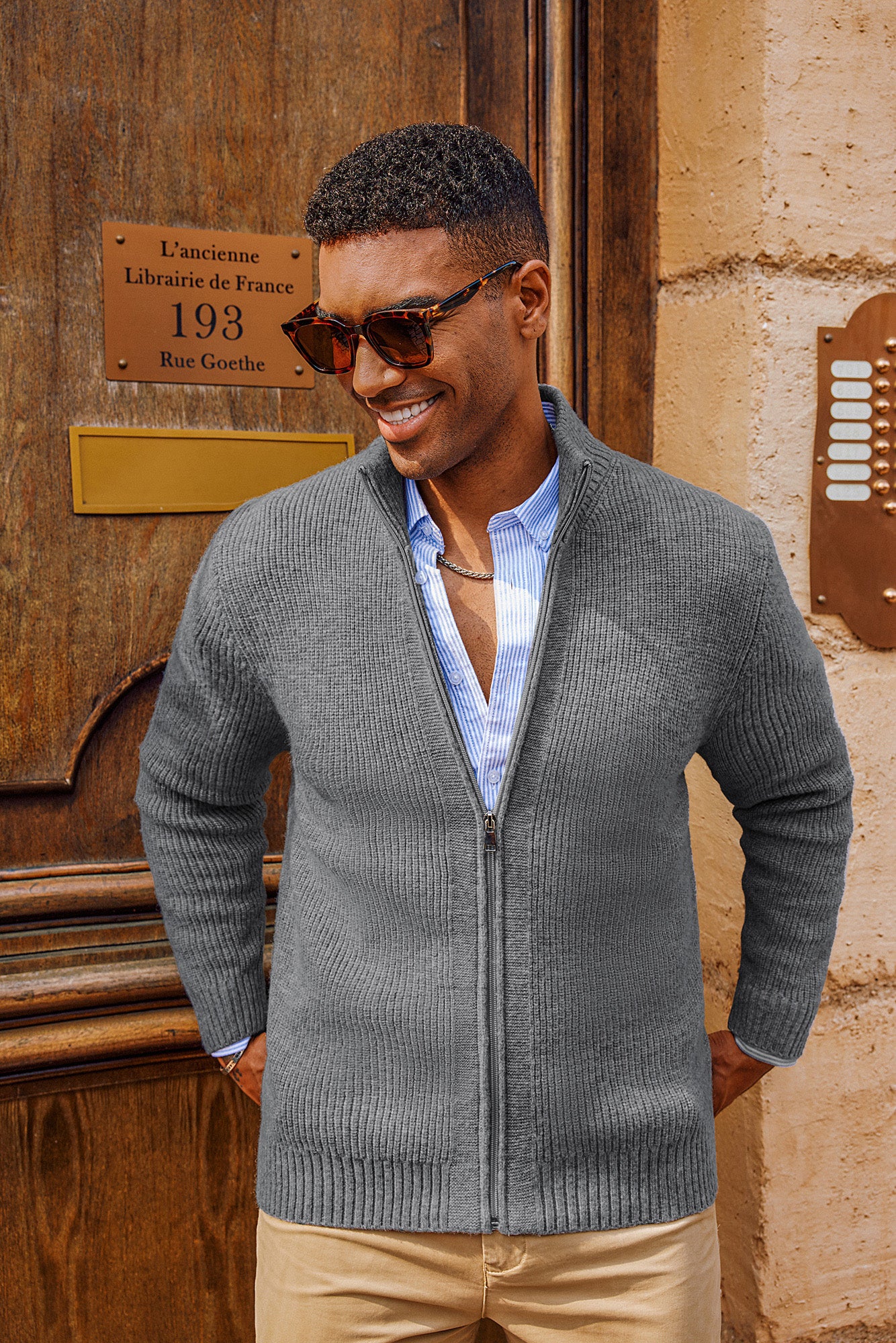 Men Stand Collar Textured Cardigan Long Sleeve Zip-up Sweater Knitwear - Image 4