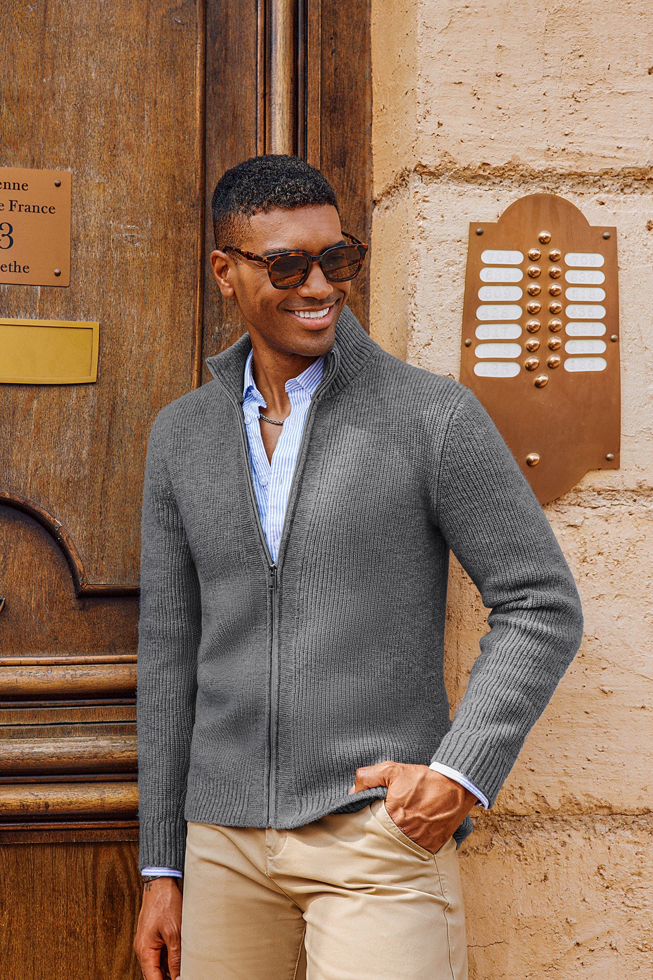 Men Stand Collar Textured Cardigan Long Sleeve Zip-up Sweater Knitwear - Image 5