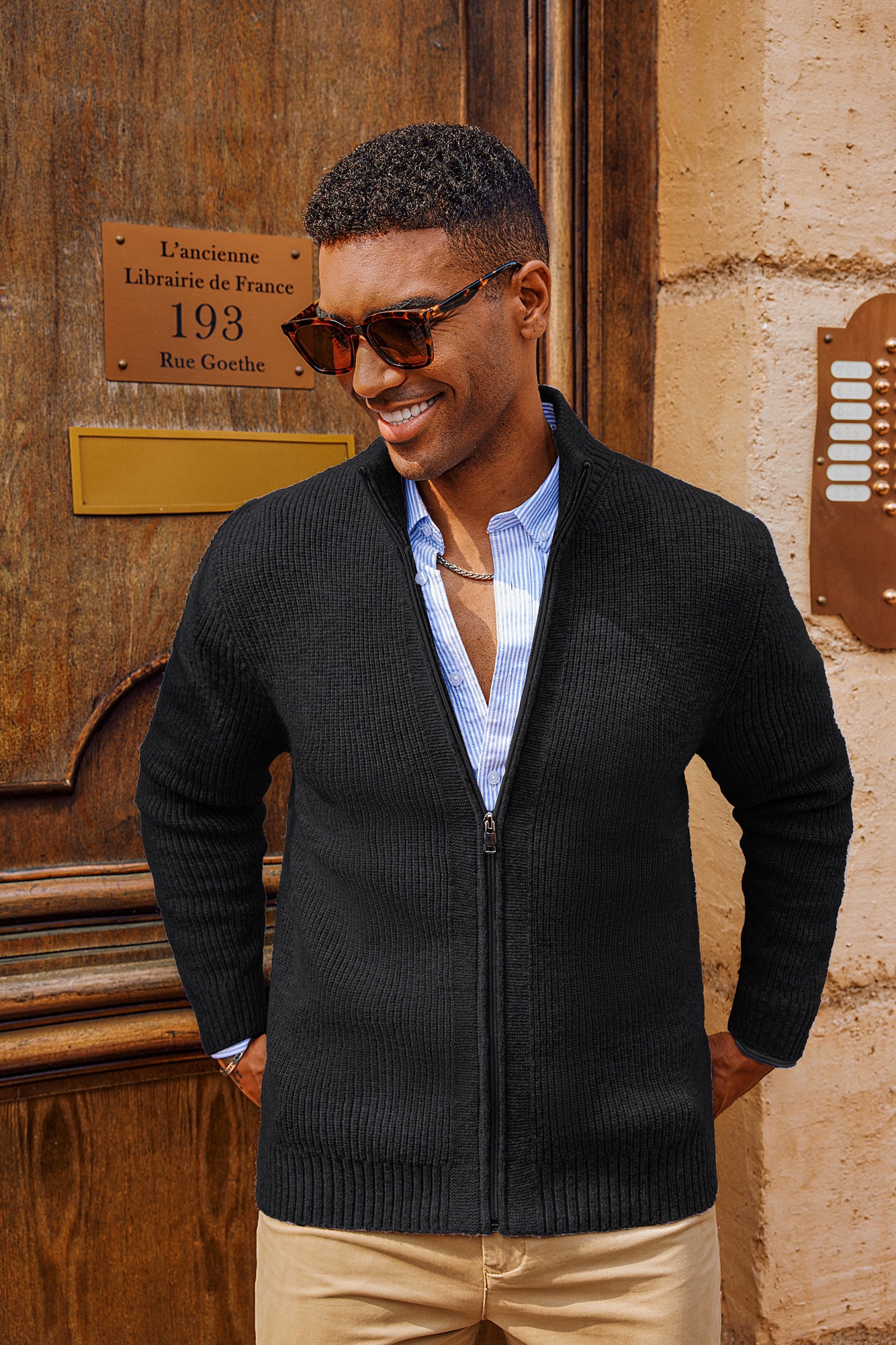 Men Stand Collar Textured Cardigan Long Sleeve Zip-up Sweater Knitwear - Image 7