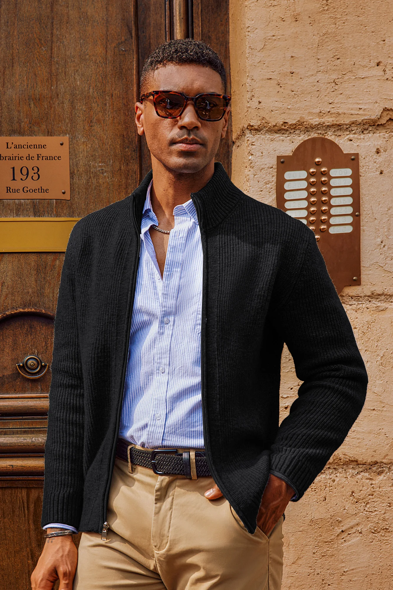 Men Stand Collar Textured Cardigan Long Sleeve Zip-up Sweater Knitwear - Image 9