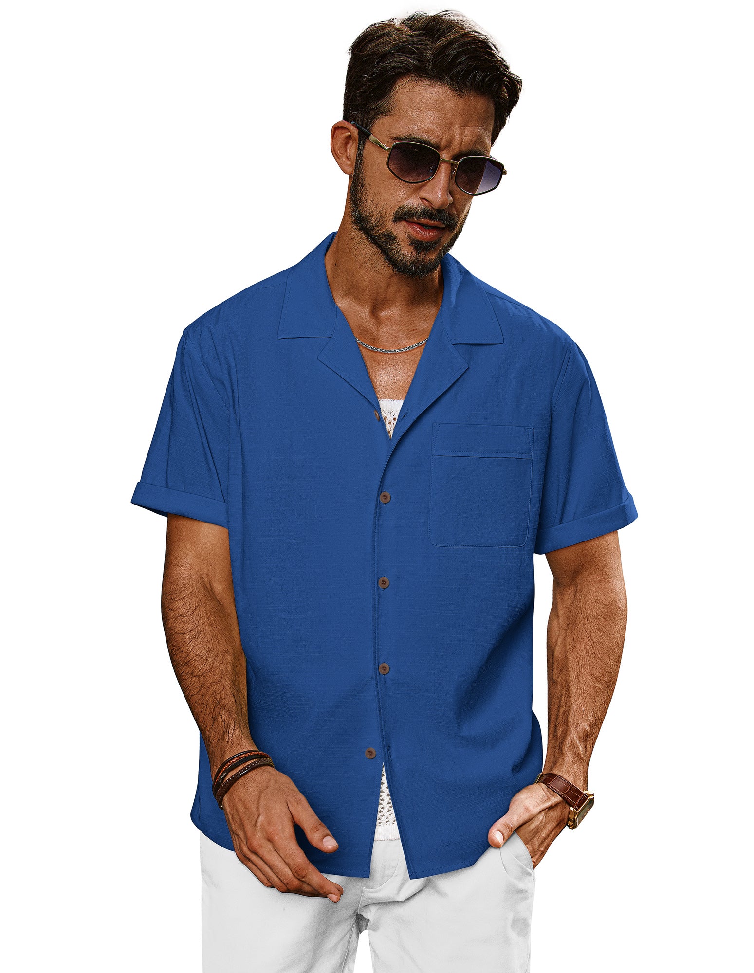 Men Straight Camp-Collar Shirt Casual Short Sleeve Flat-Hem Tops - Image 31