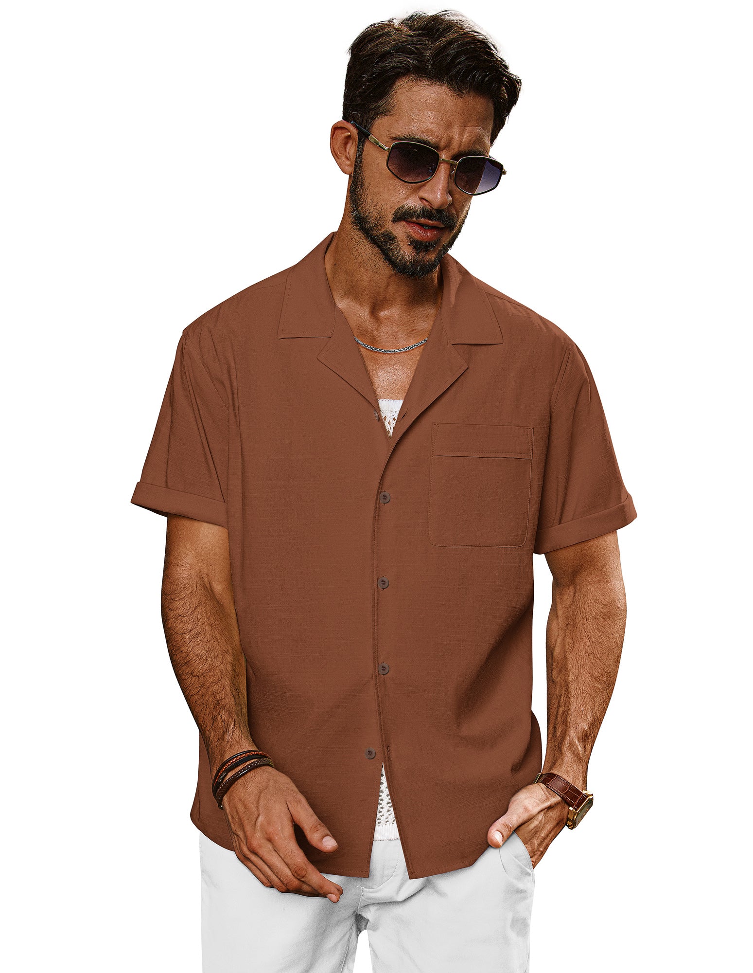 Men Straight Camp-Collar Shirt Casual Short Sleeve Flat-Hem Tops - Image 36