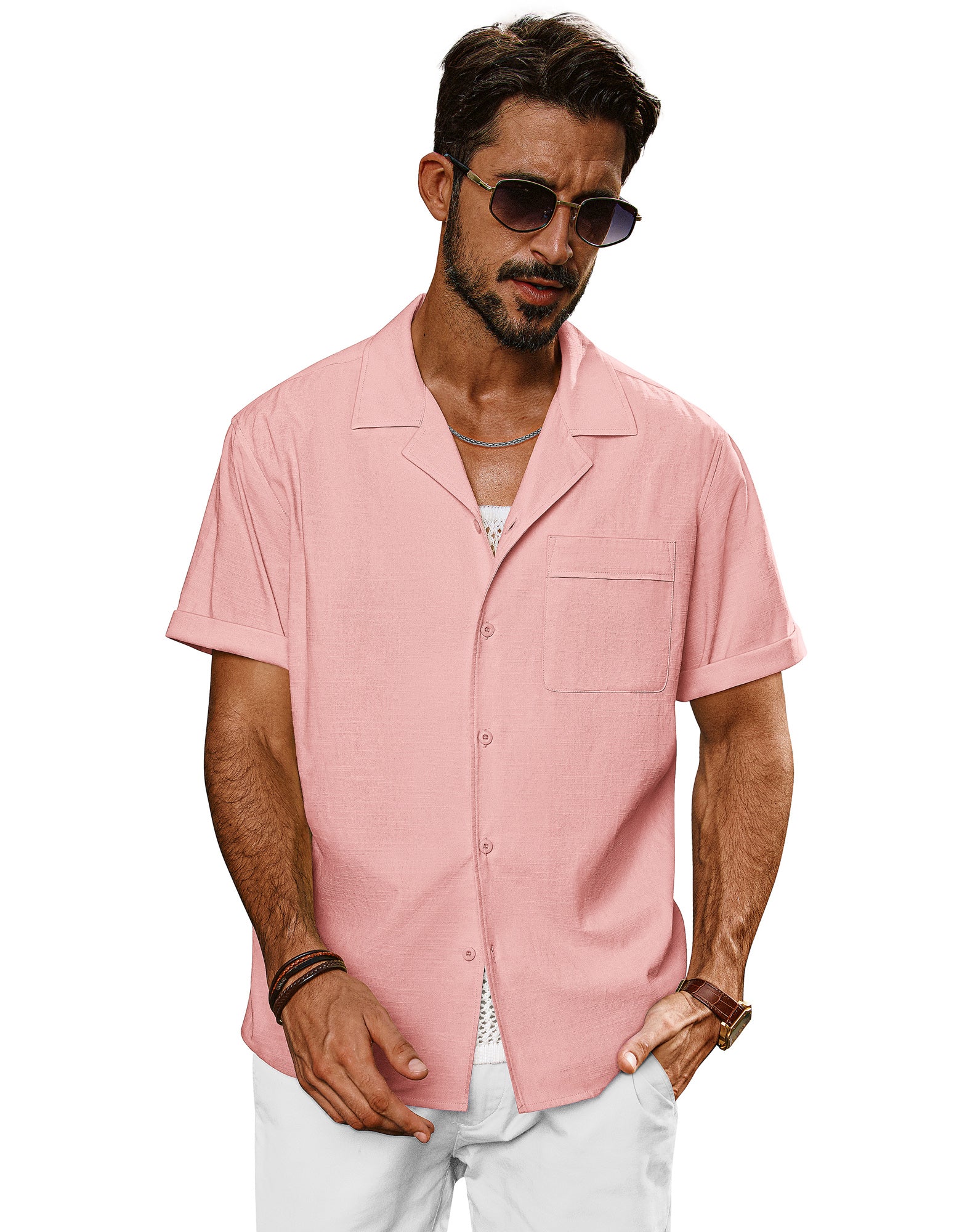 Men Straight Camp-Collar Shirt Casual Short Sleeve Flat-Hem Tops - Image 51