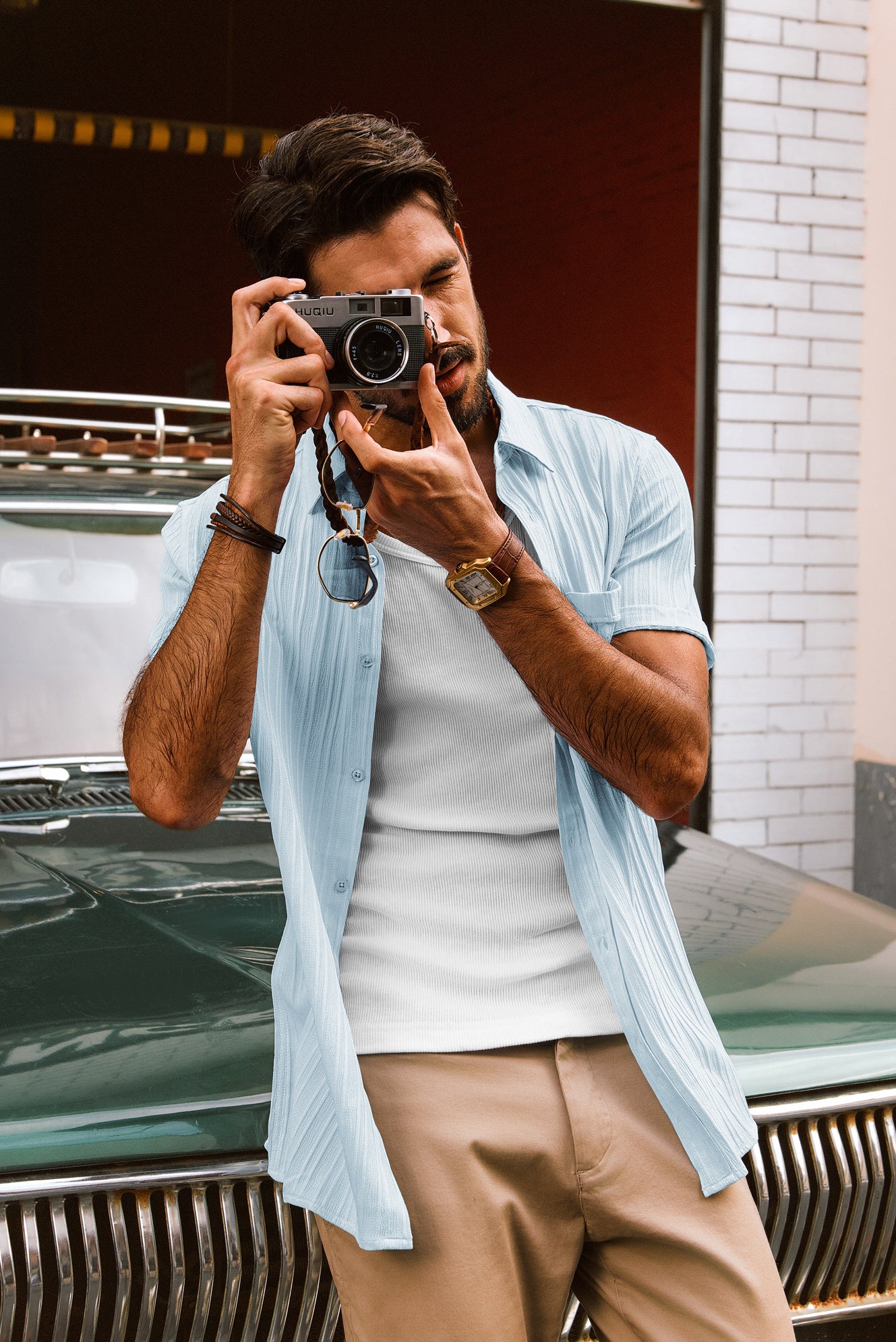 Men Straight Shirt Casual Short Sleeve Lapel Collar Button-up Tops - Image 2