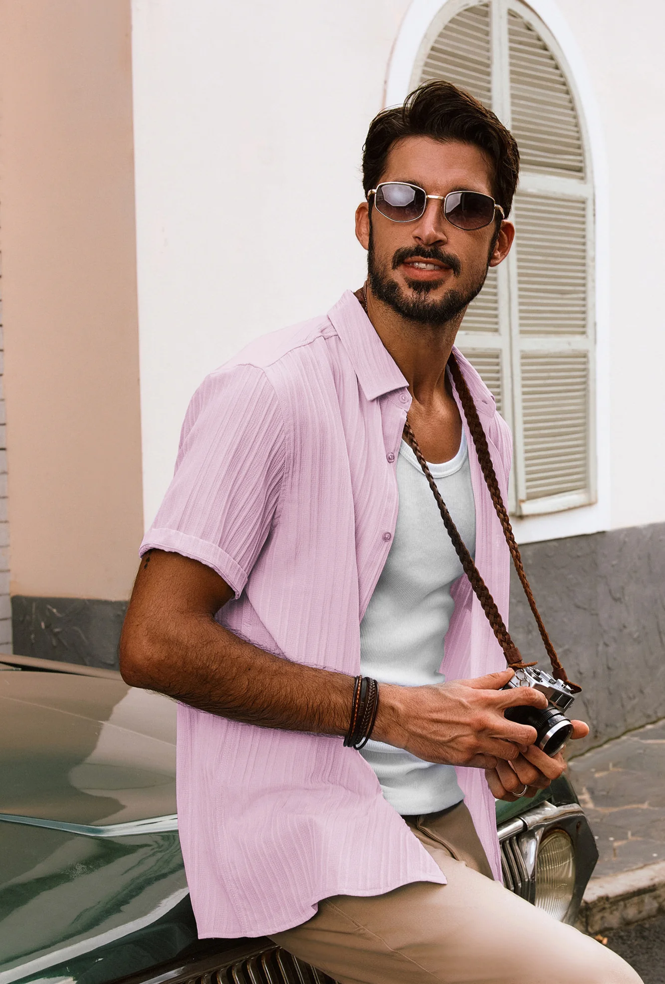 Men Straight Shirt Casual Short Sleeve Lapel Collar Button-up Tops - Image 22