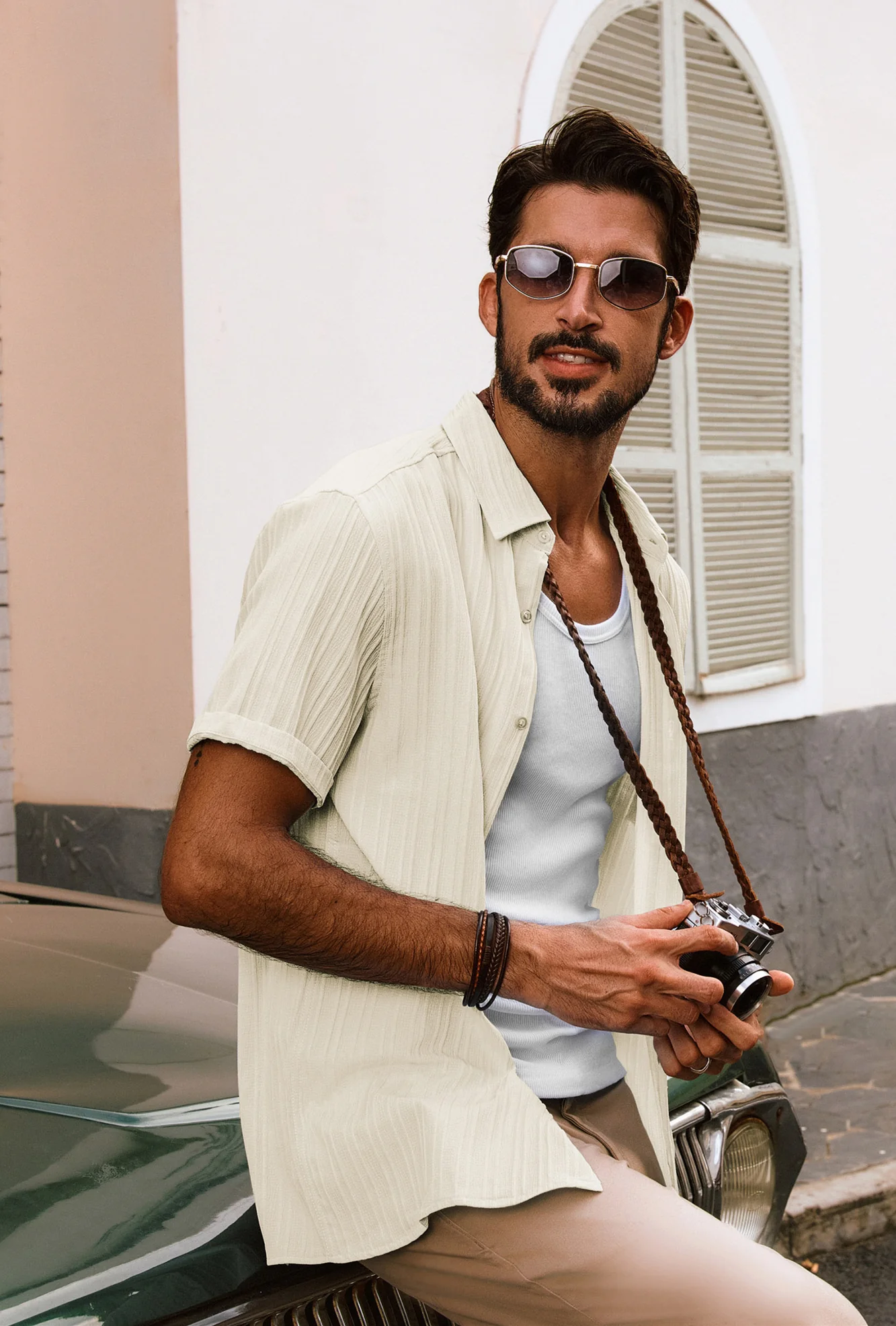 Men Straight Shirt Casual Short Sleeve Lapel Collar Button-up Tops - Image 31