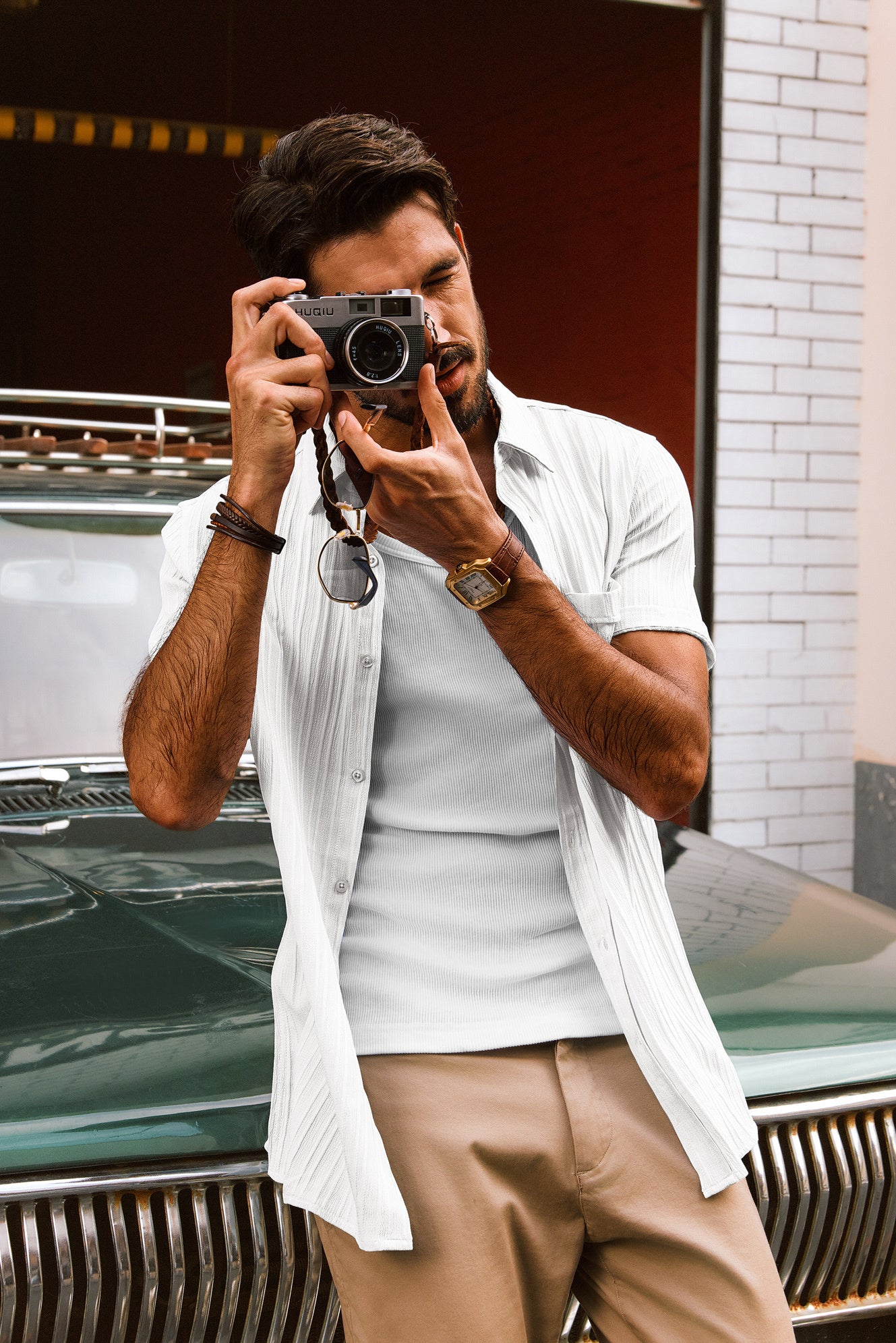 Men Straight Shirt Casual Short Sleeve Lapel Collar Button-up Tops - Image 4