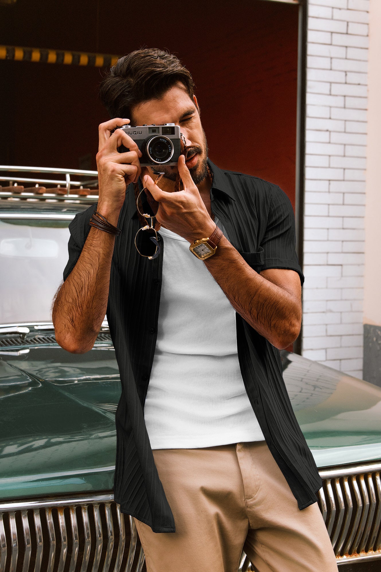 Men Straight Shirt Casual Short Sleeve Lapel Collar Button-up Tops - Image 6