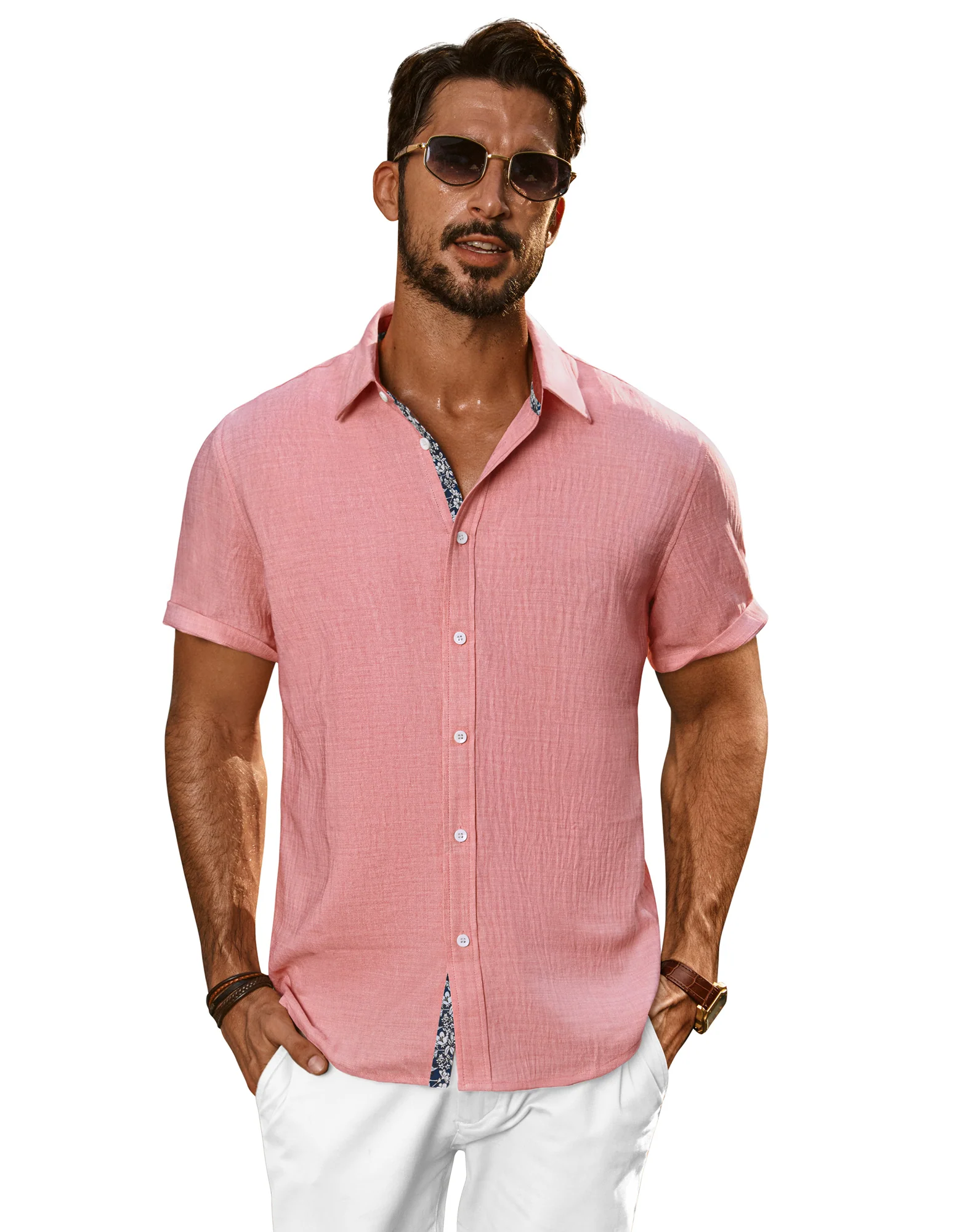 Men Straight Shirt Casual Short Sleeve Lapel Collar Button-up Tops - Image 26
