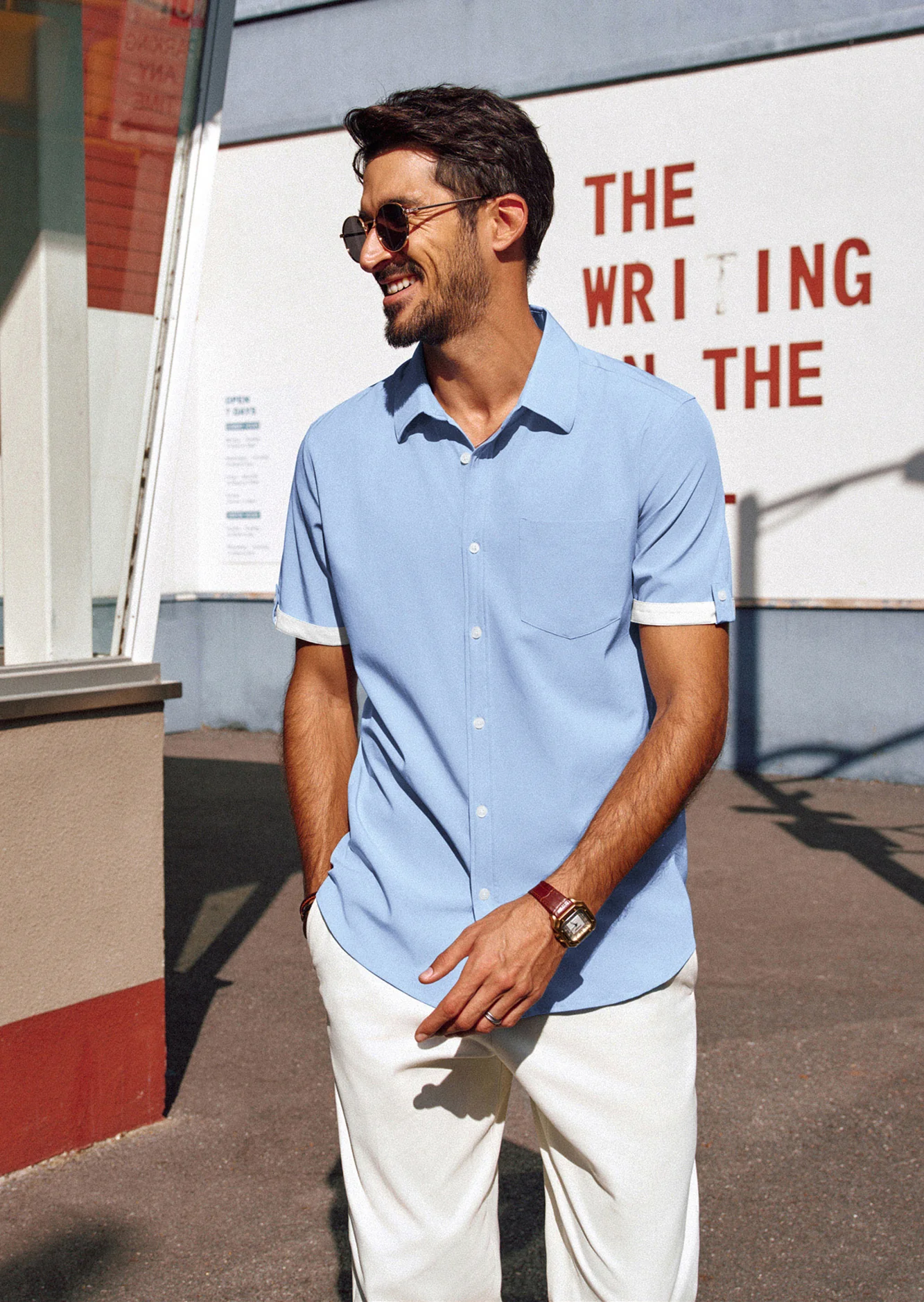 Men Straight Shirt Casual Short Sleeve Lapel Collar Button-up Tops - Image 15