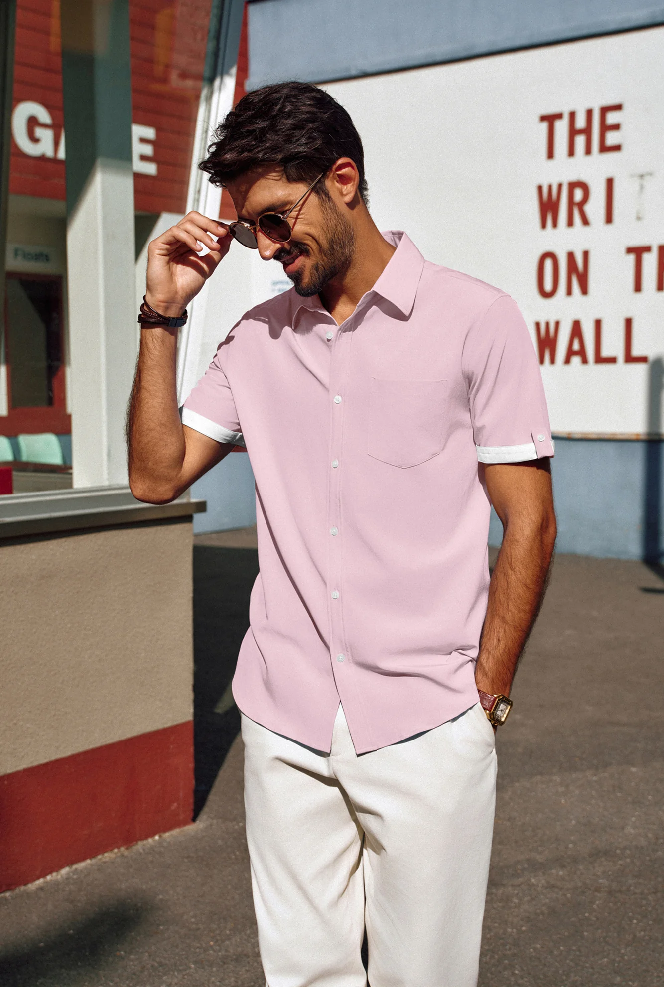 Men Straight Shirt Casual Short Sleeve Lapel Collar Button-up Tops - Image 33