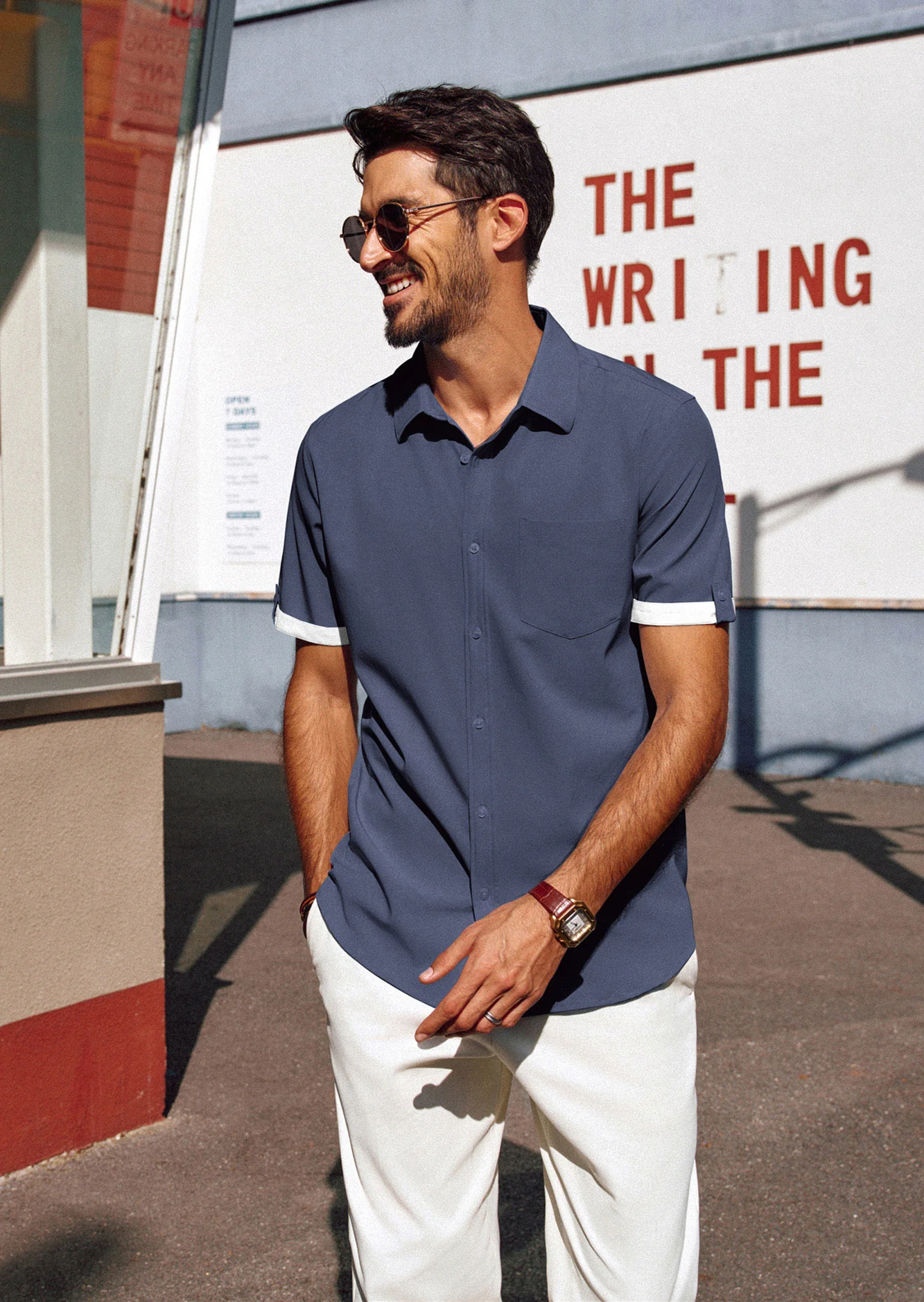 Men Straight Shirt Casual Short Sleeve Lapel Collar Button-up Tops - Image 39