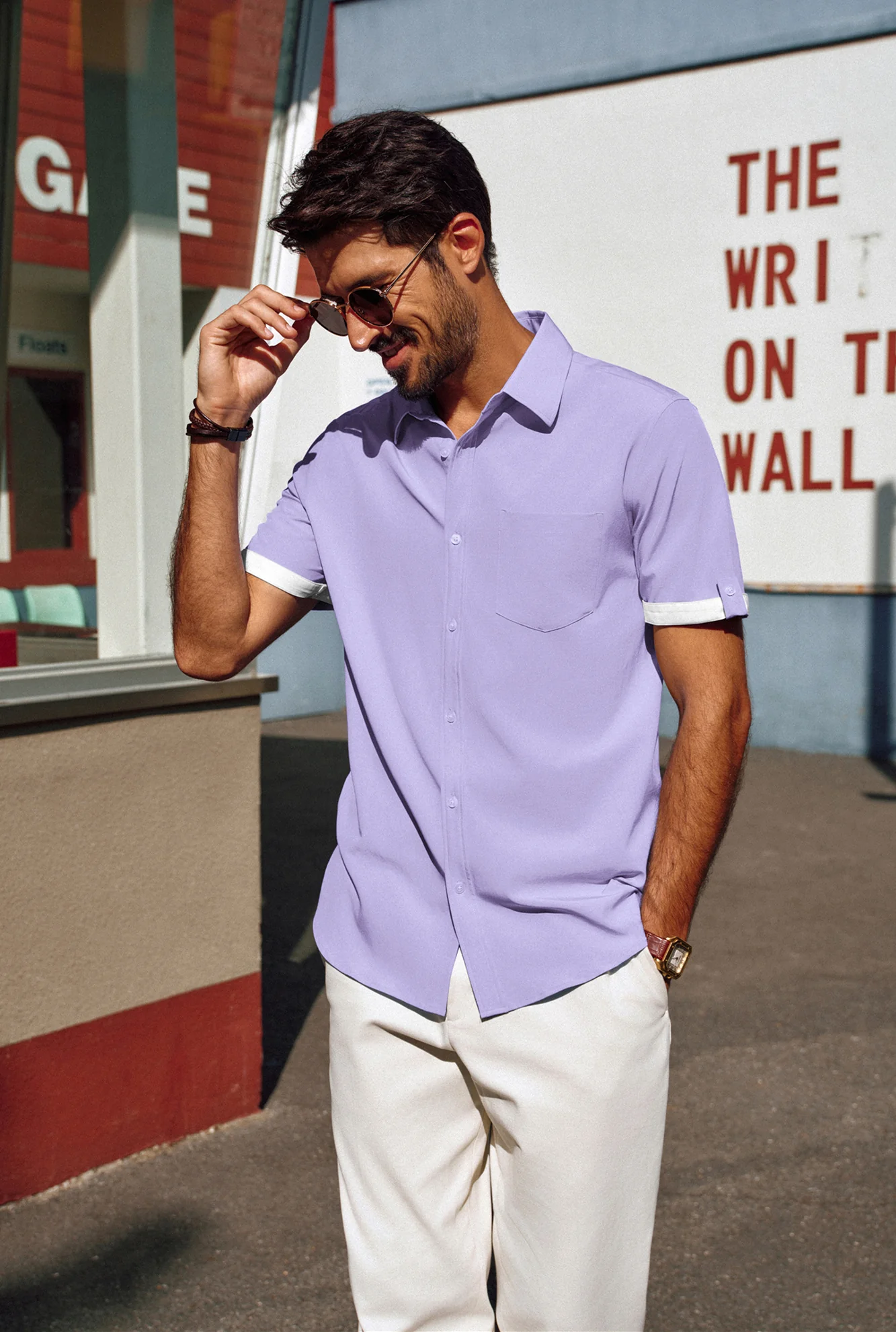 Men Straight Shirt Casual Short Sleeve Lapel Collar Button-up Tops - Image 41
