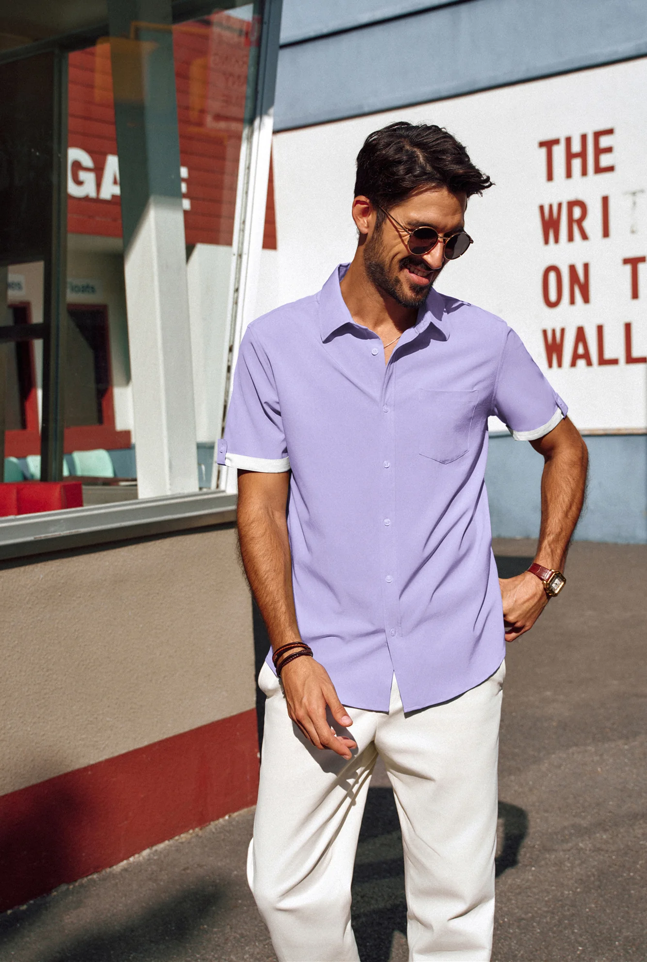 Men Straight Shirt Casual Short Sleeve Lapel Collar Button-up Tops - Image 42