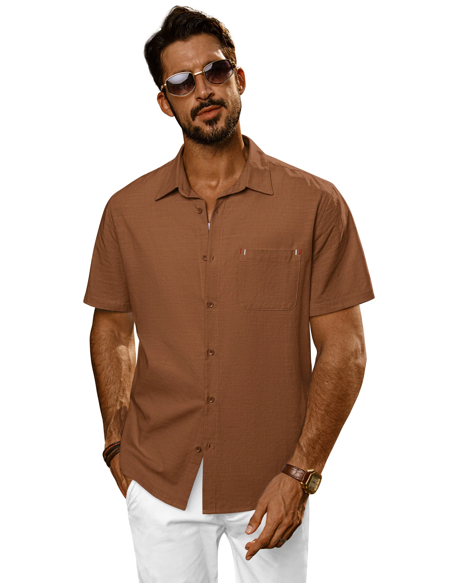 Men Straight Shirt Casual Short Sleeve Lapel Collar Button-up Tops - Image 36