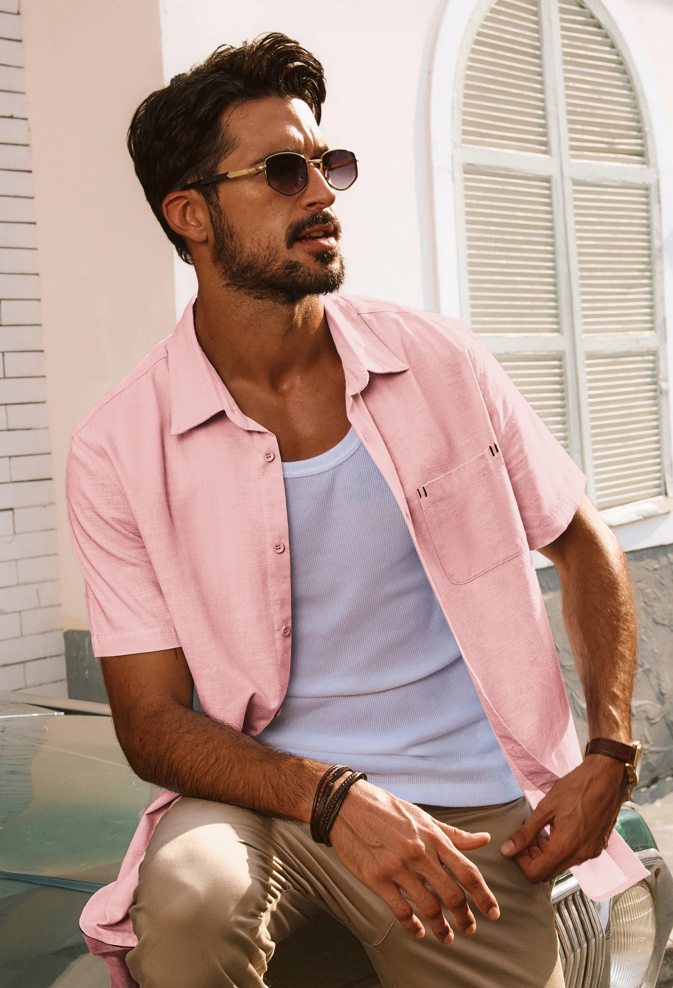 Men Straight Shirt Casual Short Sleeve Lapel Collar Button-up Tops - Image 53