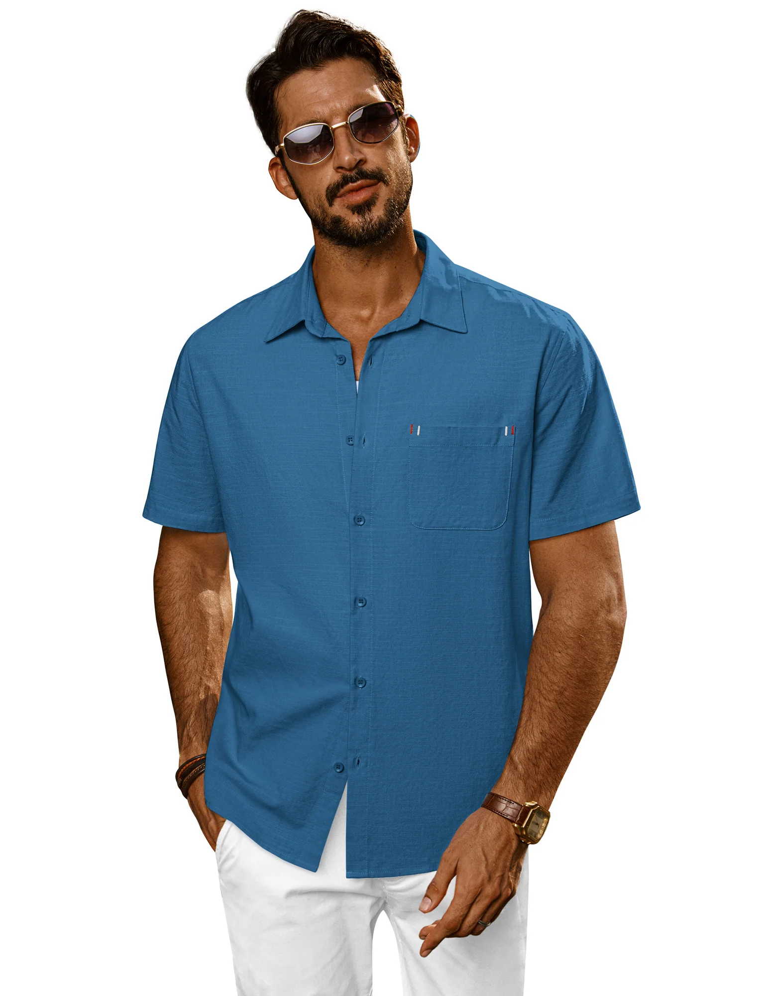 Men Straight Shirt Casual Short Sleeve Lapel Collar Button-up Tops - Image 56