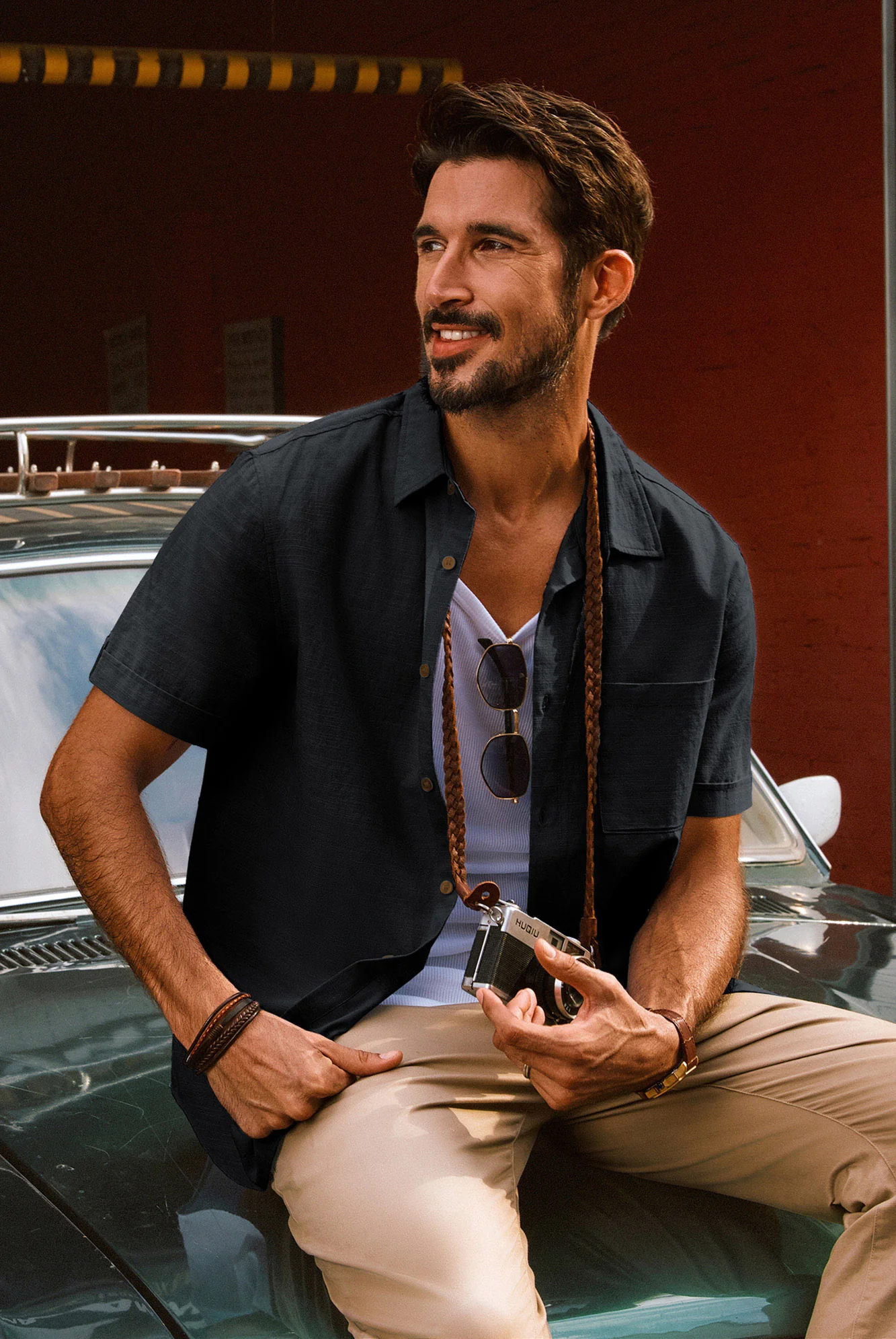 Men Straight Shirt Casual Short Sleeve Lapel Collar Curved Hem Button-up Tops - Image 13