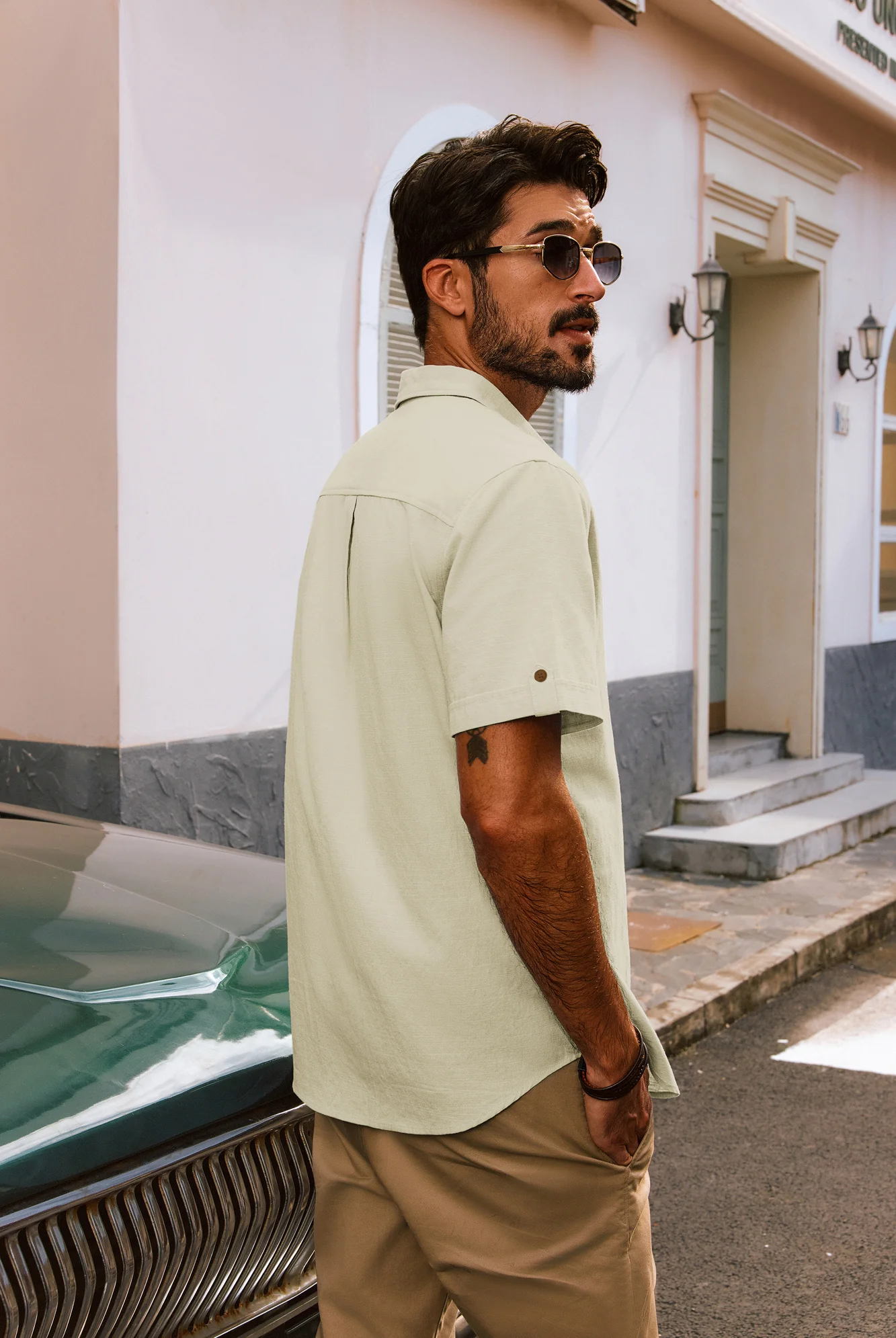 Men Straight Shirt Casual Short Sleeve Lapel Collar Curved Hem Button-up Tops - Image 20