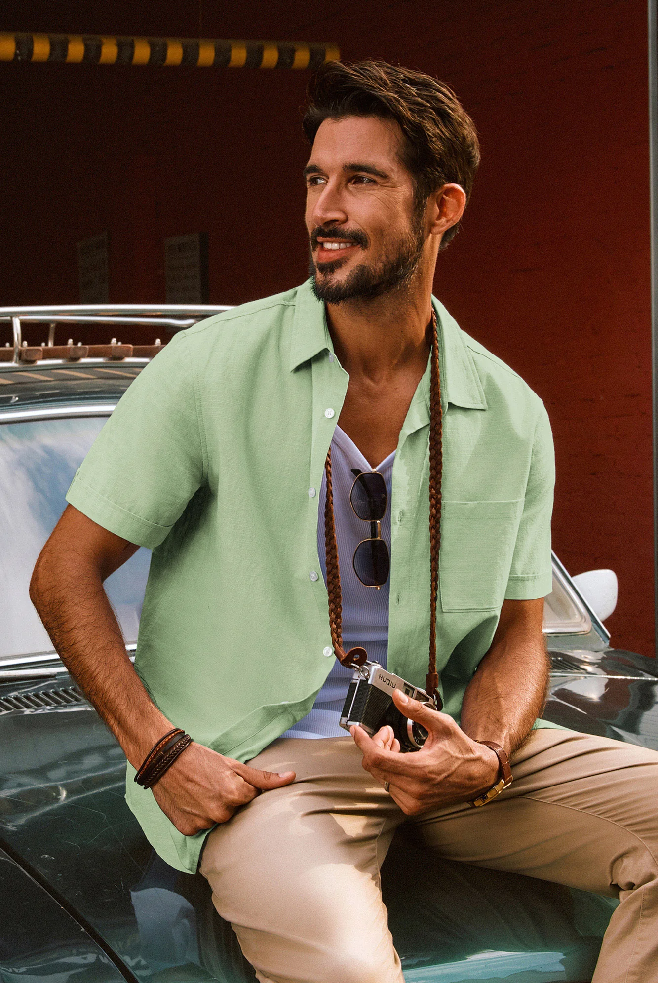 Men Straight Shirt Casual Short Sleeve Lapel Collar Curved Hem Button-up Tops - Image 21